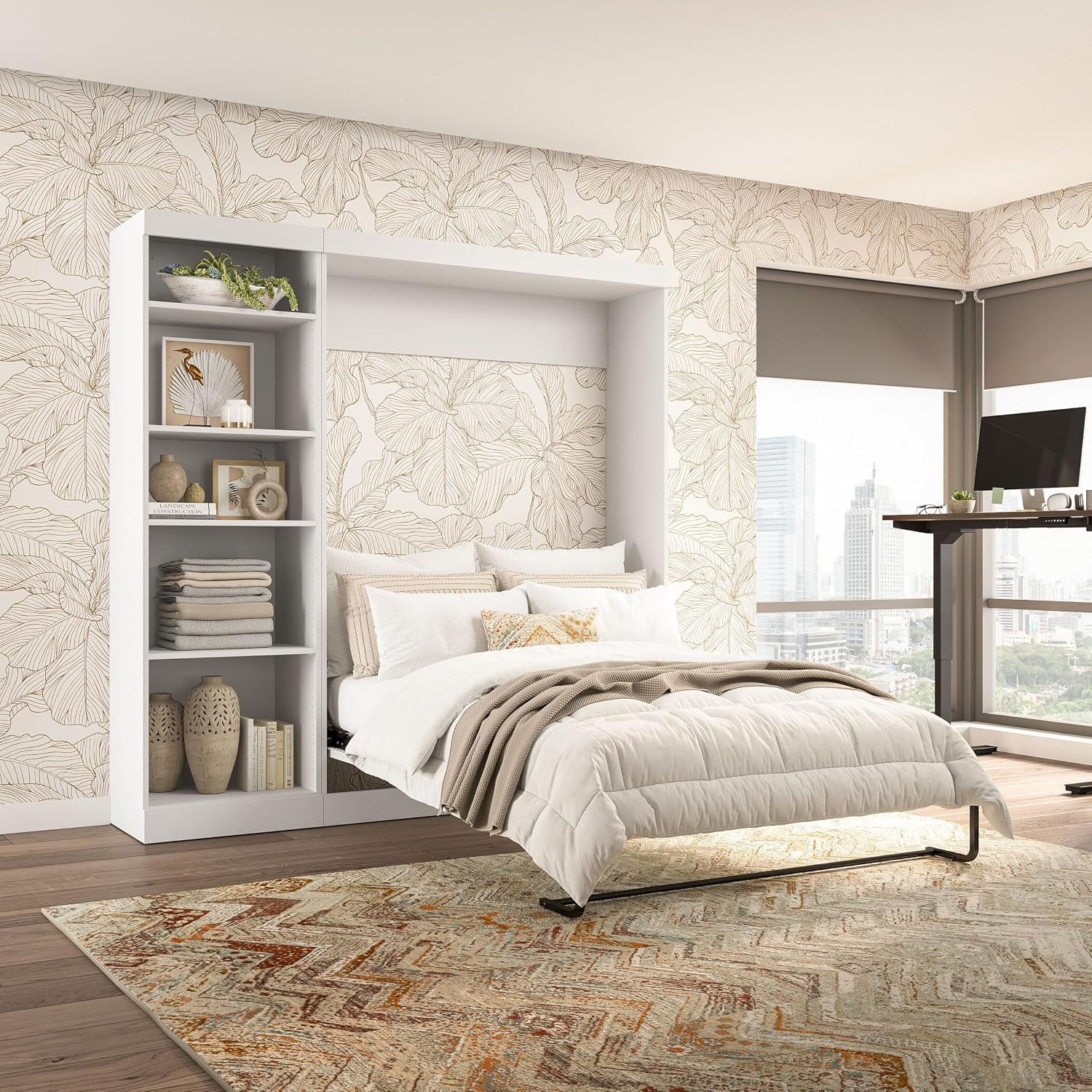 Bestar Pur Queen Murphy Bed, 65-inch Space-Saving Sleeping Arrangement for Multipurpose Area, Bedroom, Guest Room, or Living Room | Dual piston mechanism; for guest room or multipurpose space; Shaker-inspired trim with metal handles