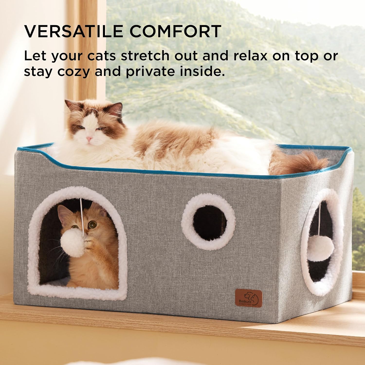 Bedsure Cat House Bed for Indoor Cats with Fluffy Ball and Scratch Pad,Grey