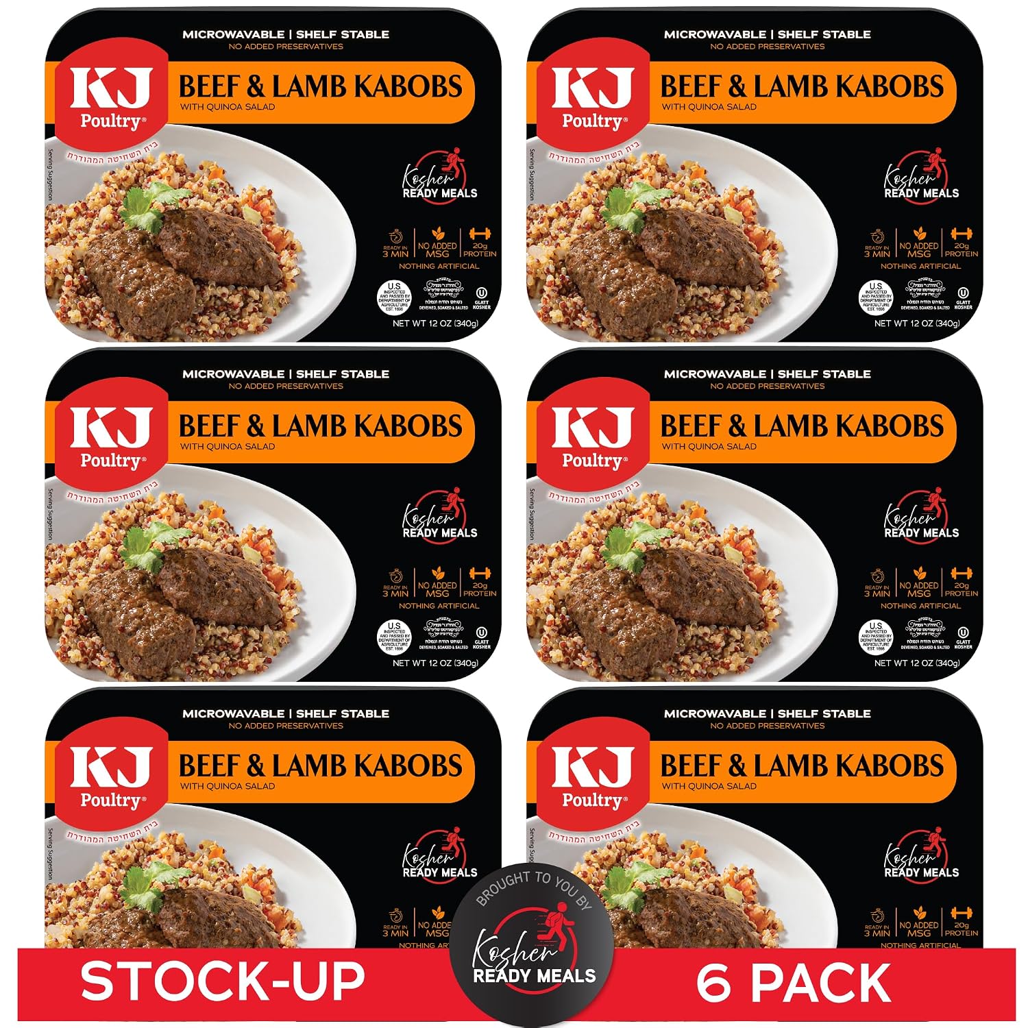 KJ Poultry Kosher Ready Meals - Beef Lamb Kabob & Quinoa, MRE Meat Meals Ready to Eat (1 Pack) Prepared Entree Fully Cooked, Shelf Stable Microwave Dinner Travel, Military, Camping, Emergency Survival