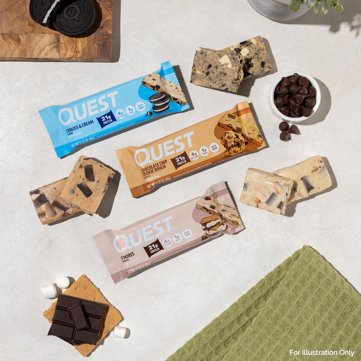 Quest Nutrition Oatmeal Chocolate Chip Protein Bars, 20g Protein, 12 Count | 12g Fiber, 5g Net Carbs, 1g Sugar, Gluten Free, High Quality Protein, Soft and Chewy, Individually Wrapped 2.12oz Bars