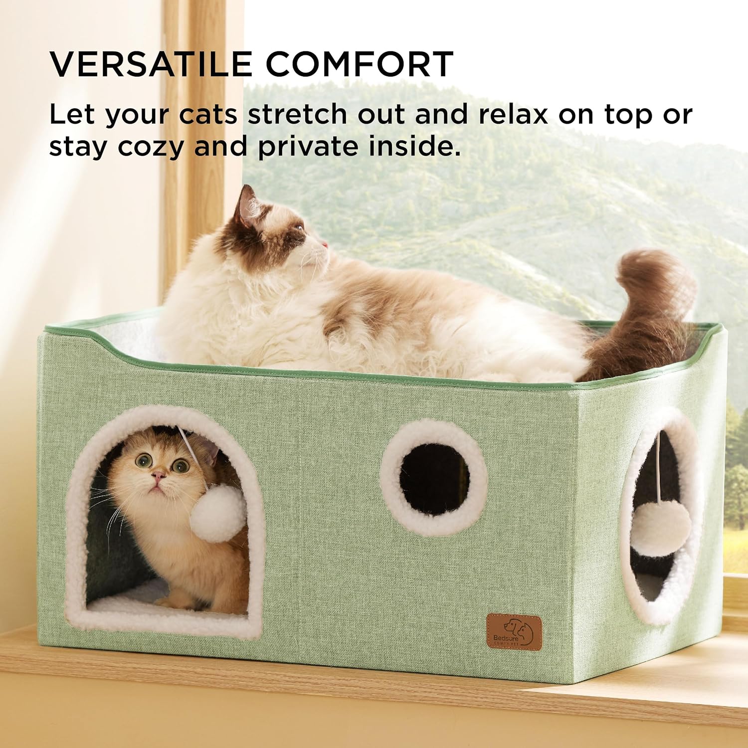 Bedsure Cat House Bed for Indoor Cats with Fluffy Ball and Scratch Pad,Grey