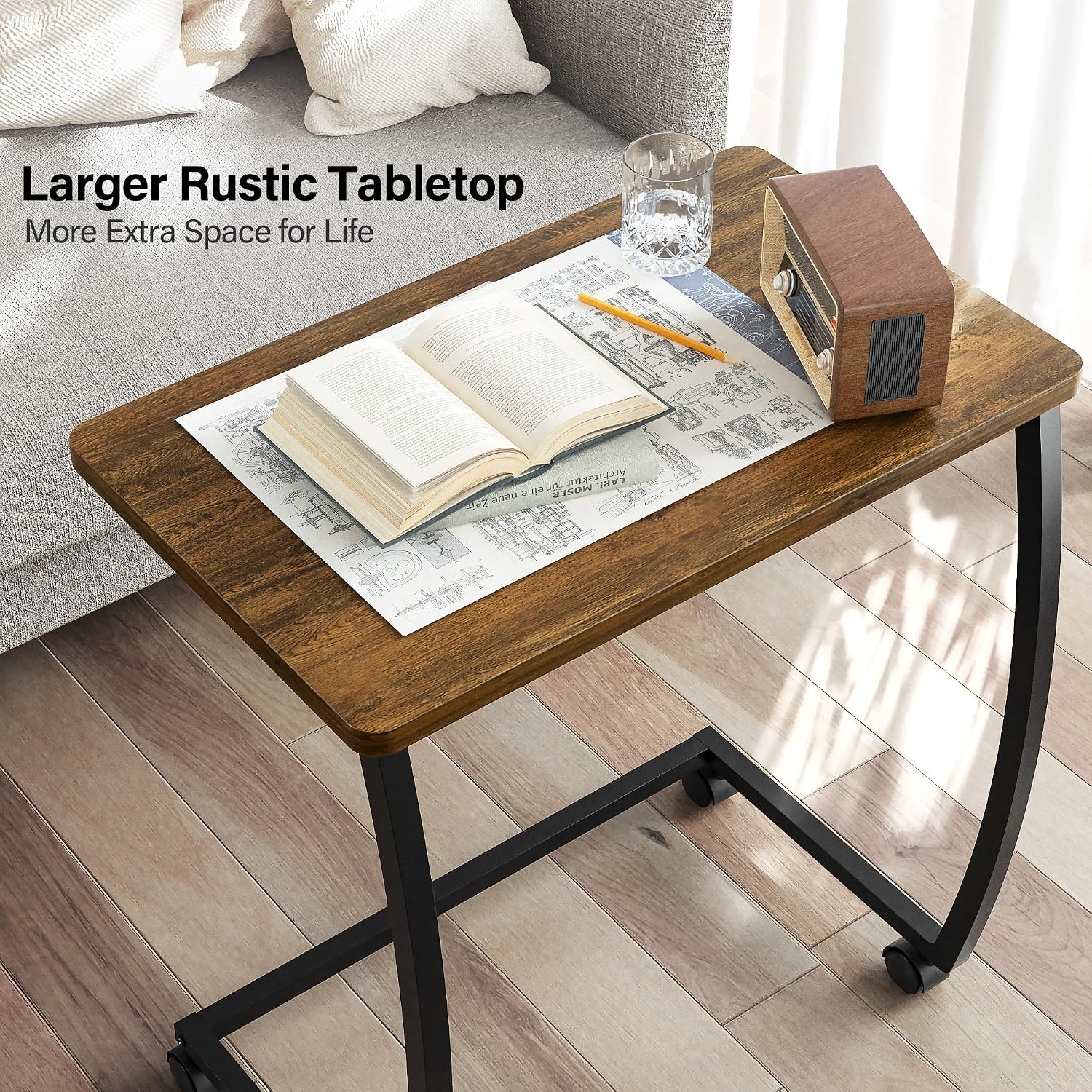 SRIWATANA Walnut C Shaped Side Table, Vintage End Table for Sofa Couch Bed