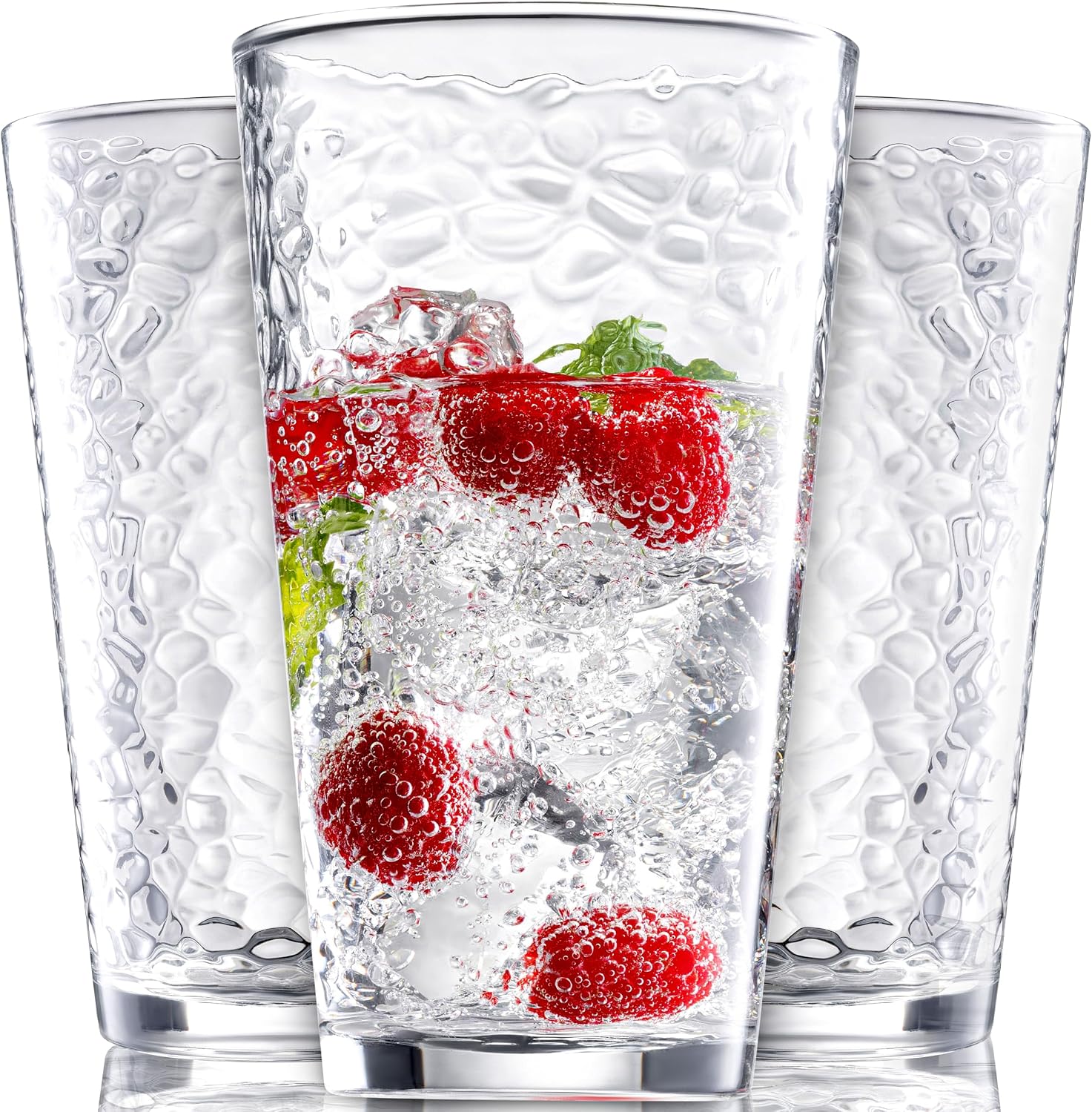 Le'raze Set of 10 Hammered Glass Cups, Clear Heavy Base Drinking Glasses | 16oz, Stackable, Durable, Dishwasher Safe, Freezer Safe, Non Slip