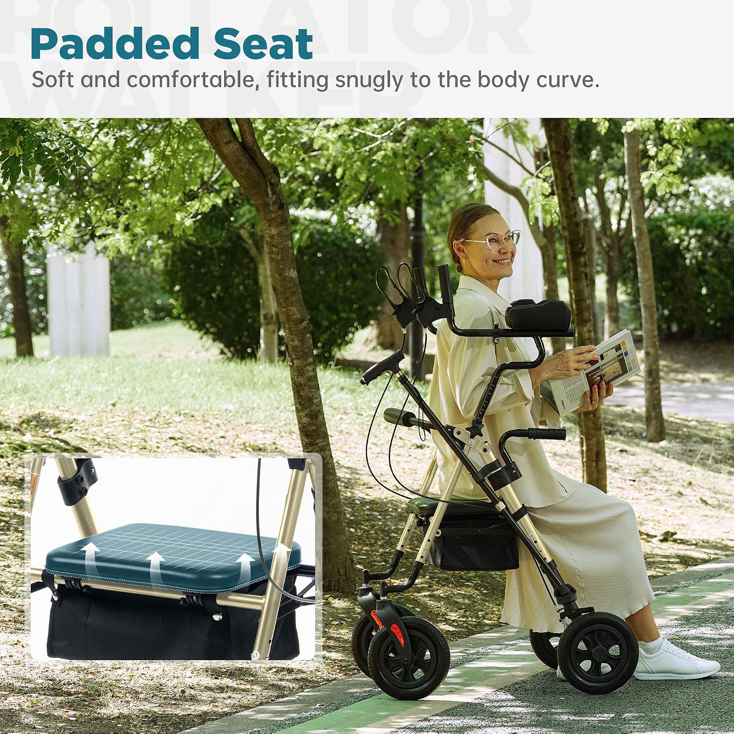 ELENKER 10 in PU Wheels Upright Rollator Walker for Seniors, Champagne | Stand Up Design, Padded Seat, Padded Armrests