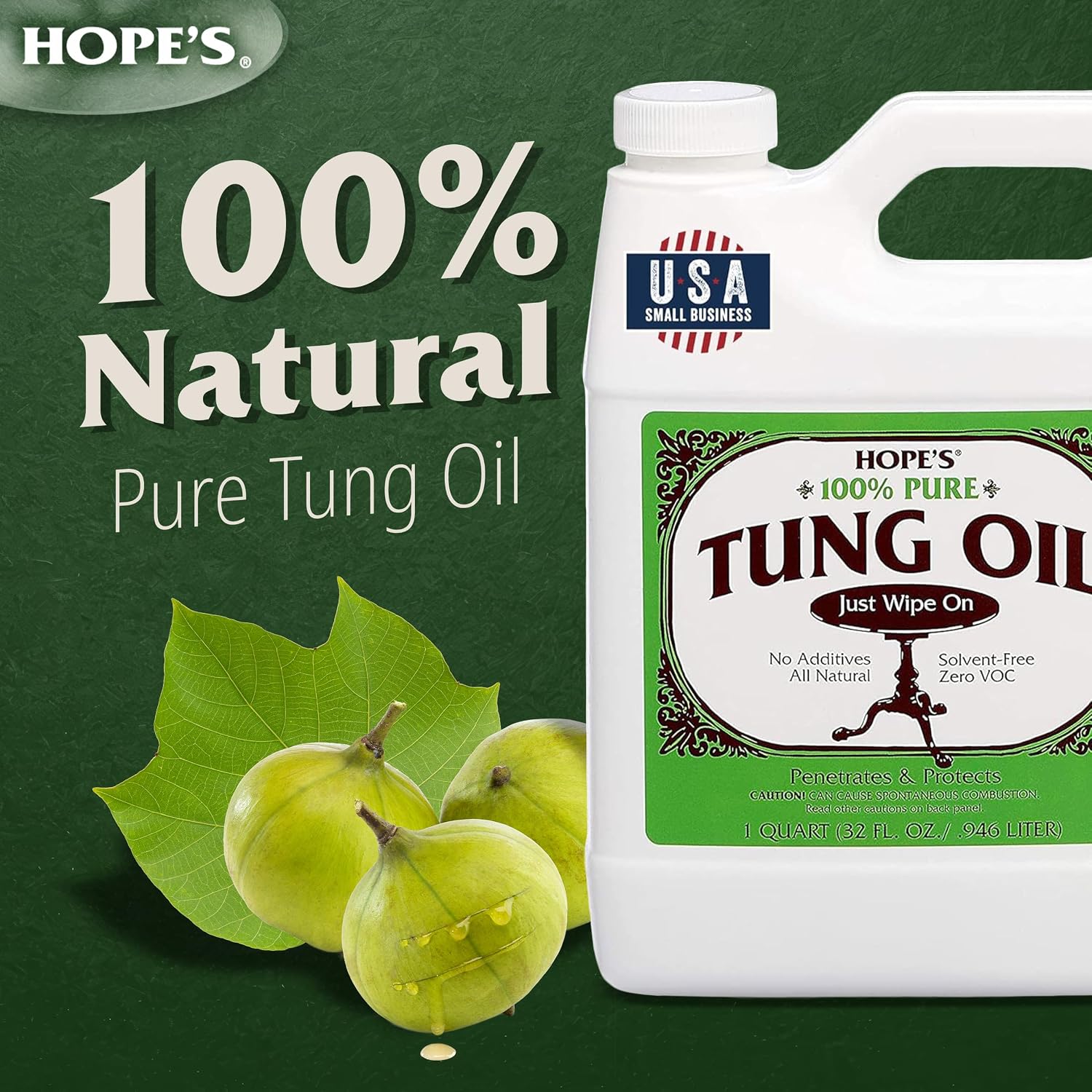 HOPE'S 100% Pure Tung Oil, Food Safe, Premium Waterproof Natural Wood Finish and Sealer for Indoor and Outdoor Projects, 32 Fl Oz