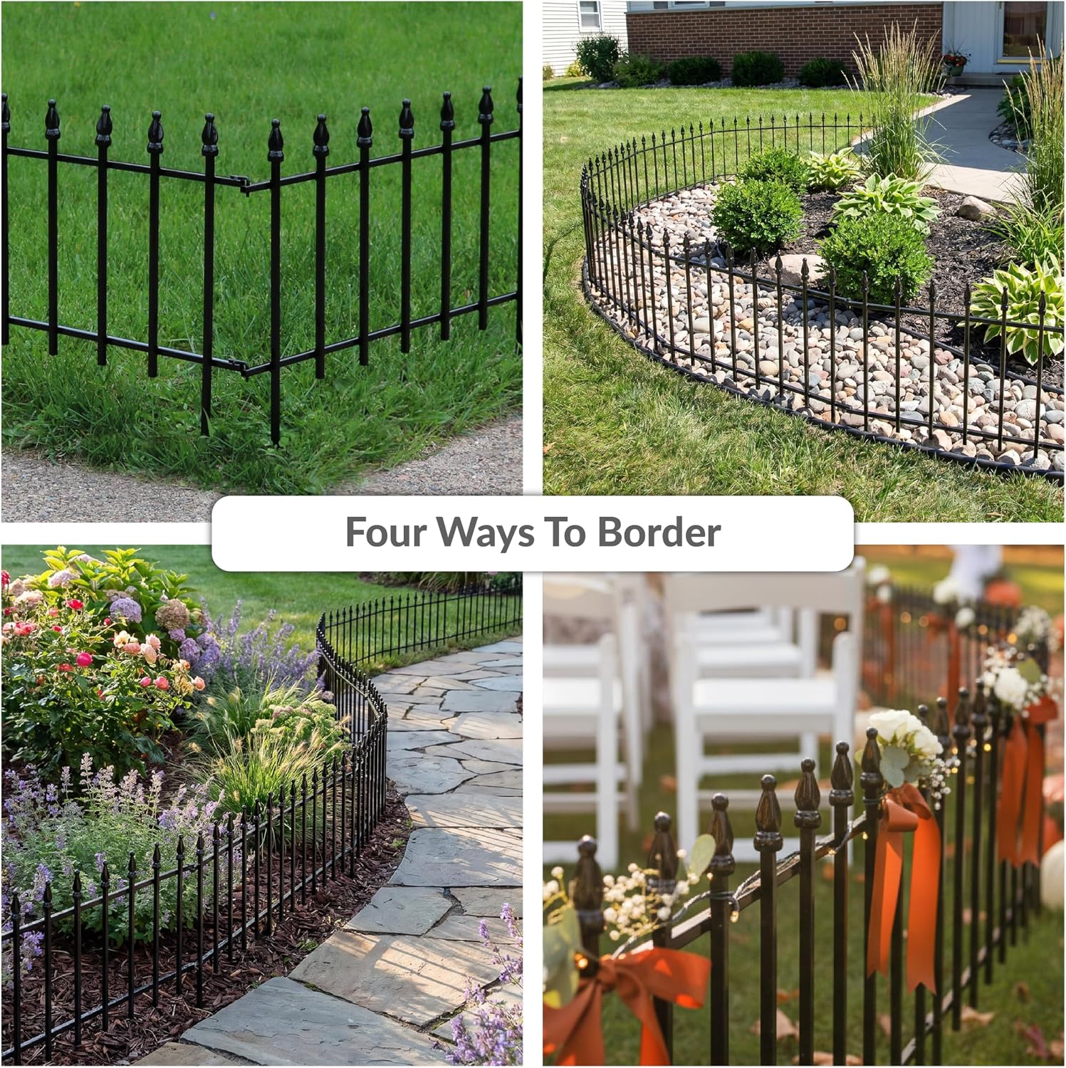 Sunnydaze Decorative Garden Fence Border, 9ft, 5 Panels, Black | 22" W x 18" H No Dig Metal Edging for Flower Beds, Yard, Lawn, Pathways & Landscaping, Roman Finial Design