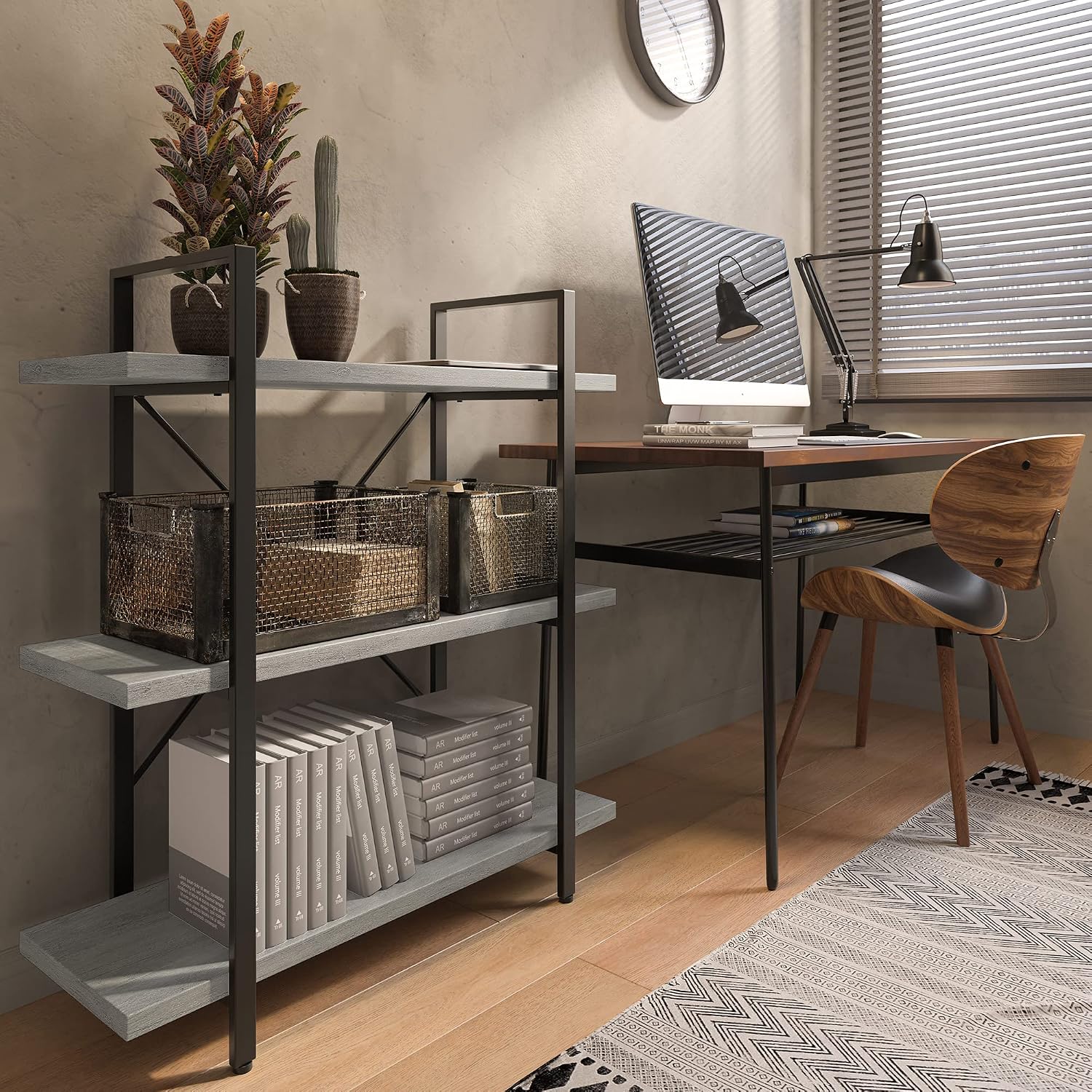 BELLEZE 4 Tier Modern Rustic Industrial Bookshelf, Open Wide Office Etagere Book Shelf