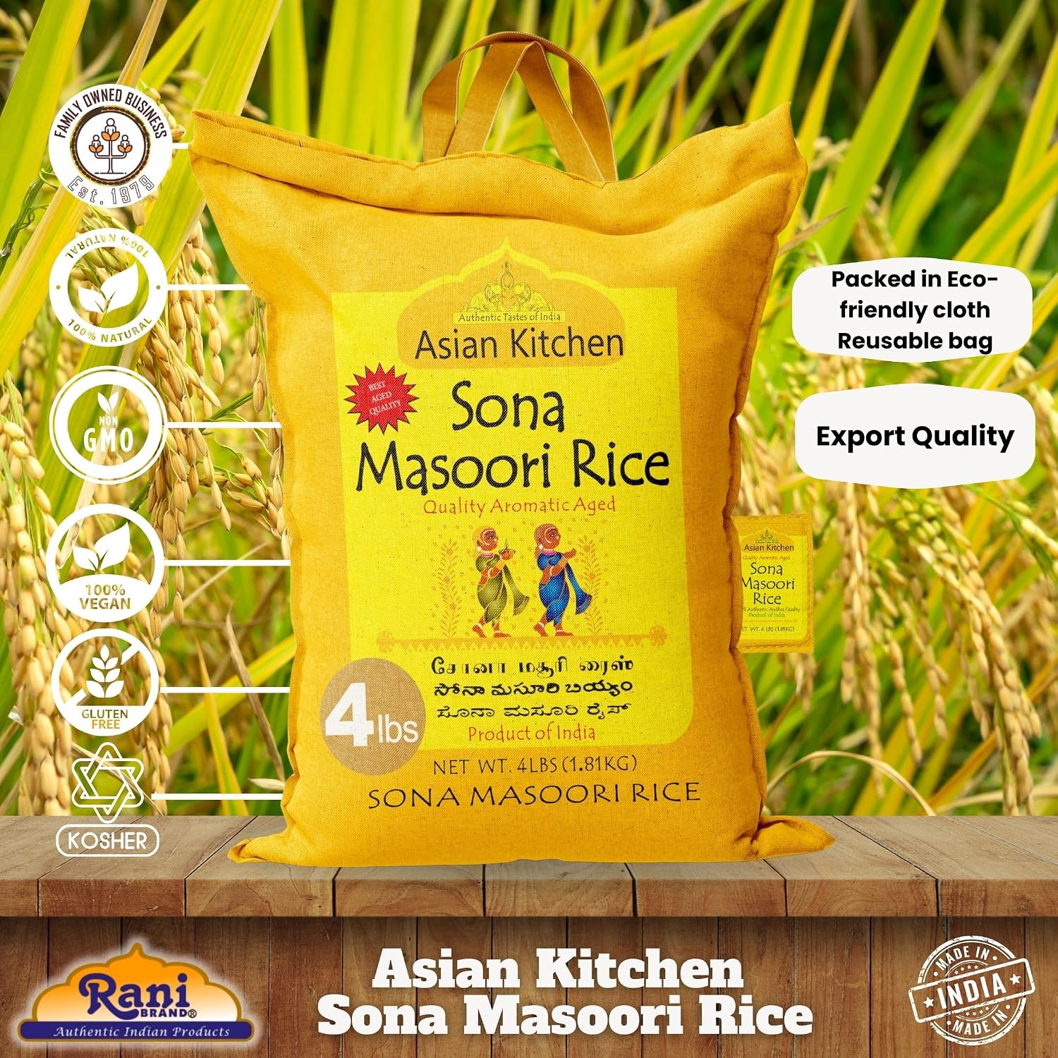 Asian Kitchen White Sona Masoori Aged Rice 20-Pound Bag, 20lbs (9.08kg) Short Grain Rice ~ All Natural | Gluten Friendly | Vegan | Kosher | Indian Origin | Export Quality