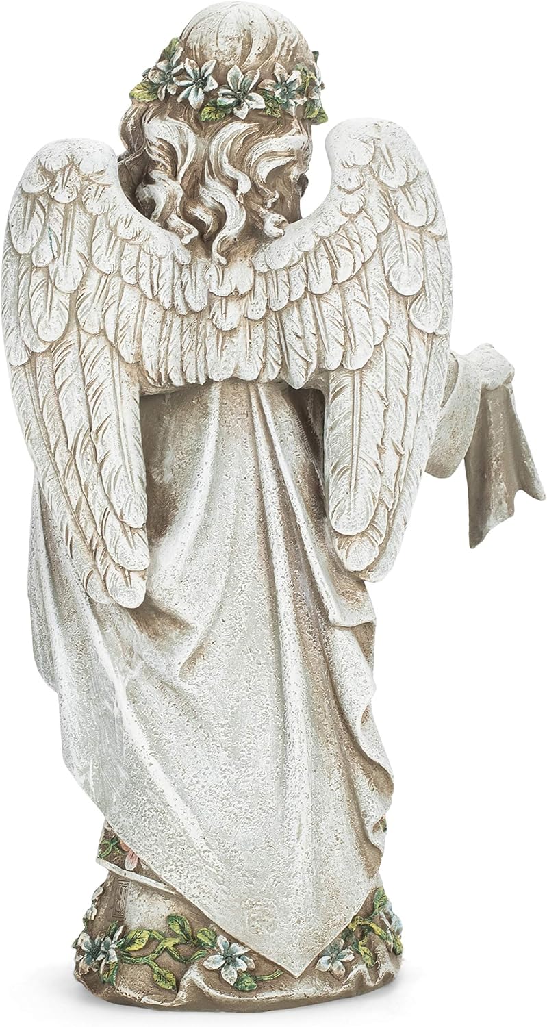 Roman Josephs Studio Inspirational Girl Angel Wearing Floral Trimmed Gown with Birds Garden Statue, 16.5-Inch