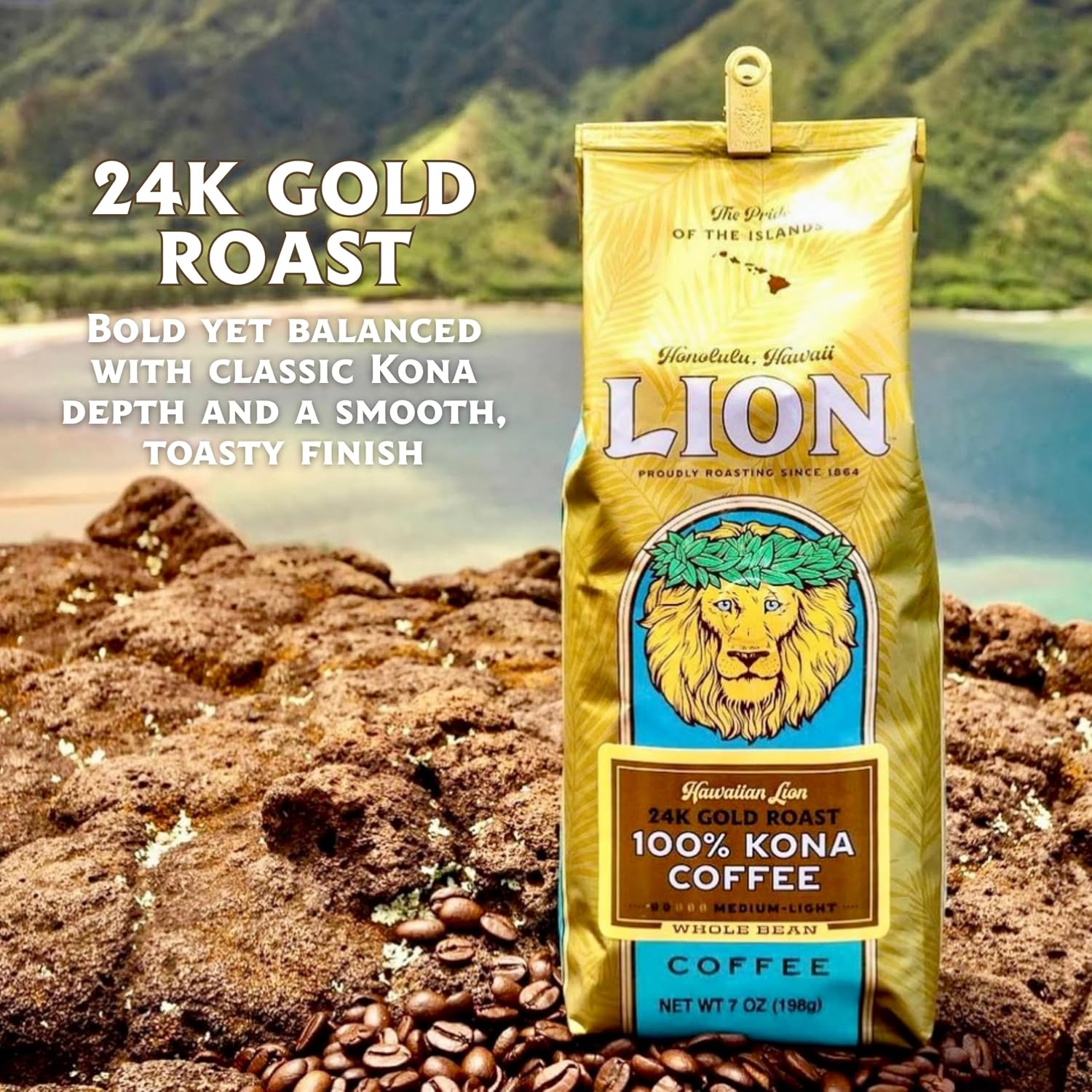 Lion Coffee 24K Gold Roast 100% Kona Ground Coffee, Medium-Light Roast, A Taste of Aloha - 7 Ounce Bag