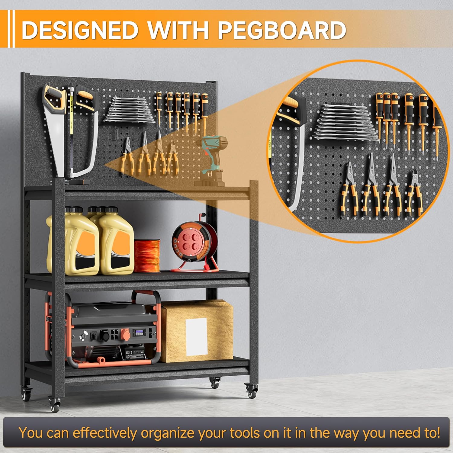48" H Work Bench with Storage, Garage Work Bench with Pegboard and Wheels | Mobile Workbench, Adjustable Shelves, Large Pegboard, Lockable Wheels