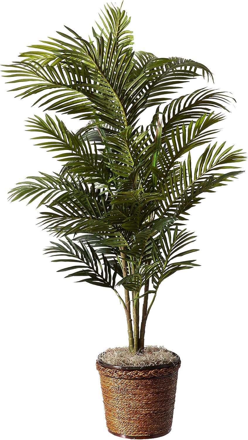 Nearly Natural 56 in Artificial Areca Palm Tree with Basket Floor Plant | Thirty-Two Lifelike Leaves, Wicker Basket Included