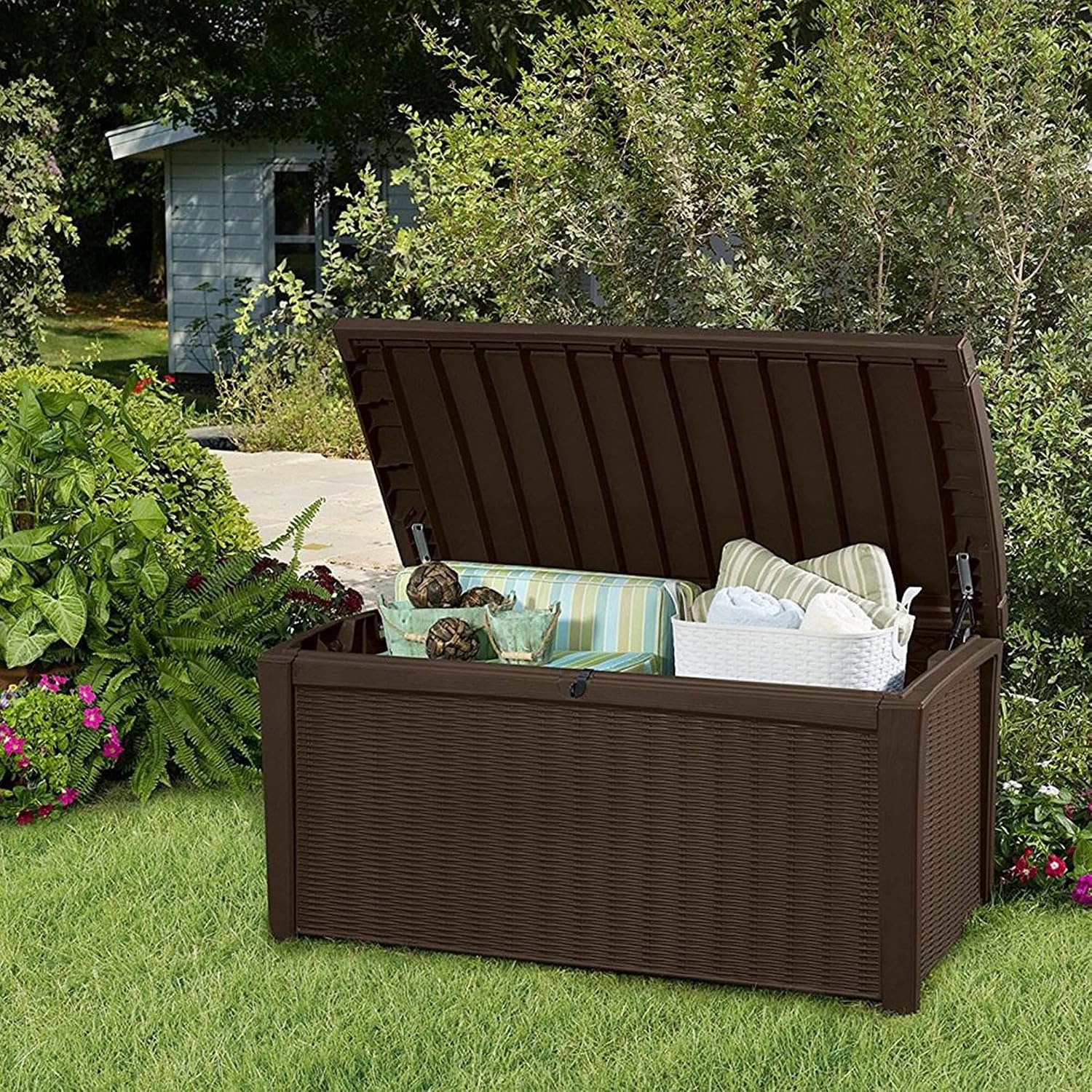 Keter Borneo 110 Gallon Resin Deck Box - Organization and Storage for Patio Furniture, Outdoor Cushions, Throw Pillows, Garden Tools and Pool Toys, Brown | for Patio, Backyard & Garden - Lockable, Organizing, and Waterproof Plastic Container Bench