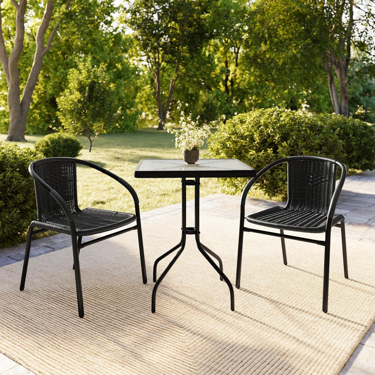 Flash Furniture Lila 23.5'' Square Glass Metal Table with 2 Black Rattan Stack Chairs | Durable Construction, Commercial Use