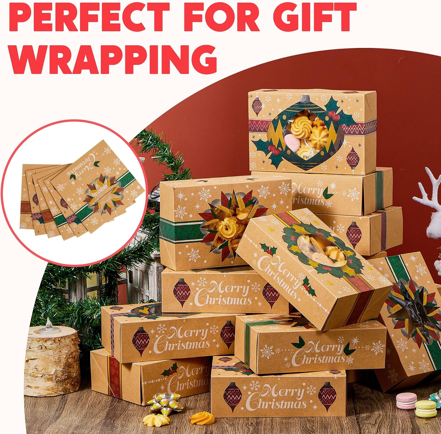 JOYIN 24PCS Christmas Cookie Boxes for Gift Giving, 8.75" x 5.75" x 2.75" Xmas Holiday Bakery Treat Boxes with Window