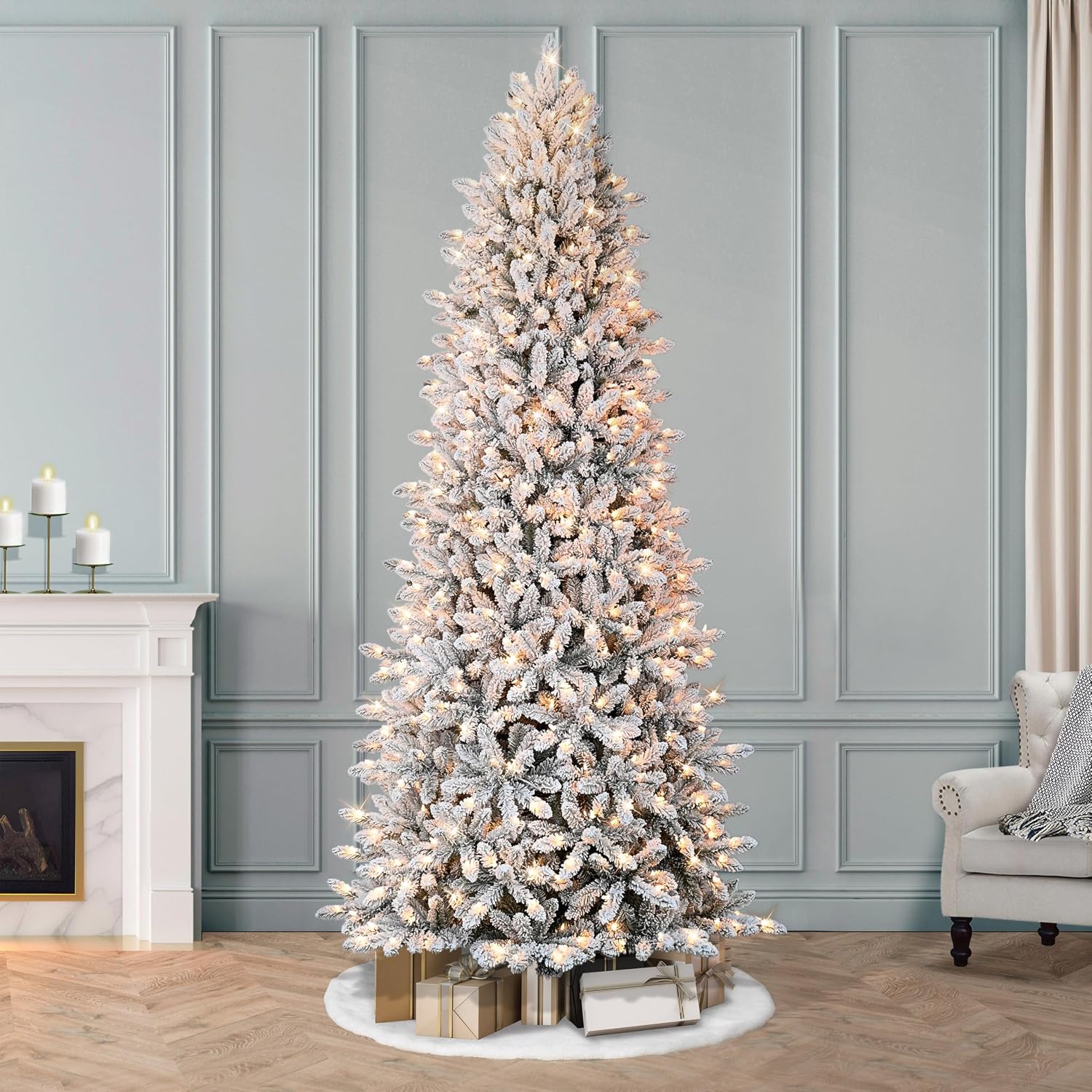 Puleo International 7.5 Foot Pre-Lit Slim Flocked Fraser Fir Artificial Christmas Tree with 500 UL Listed Clear Lights