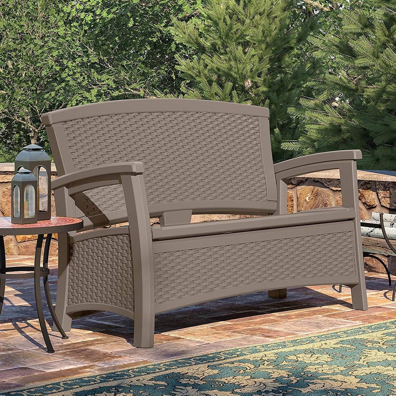 Suncast Outdoor Wicker Love Seat with 23-Gallon Storage, Comfortable Seating for Two, Ergonomic Back Support, All-Weather Furniture for Patio, Deck, and Garden, Java, Made in the USA