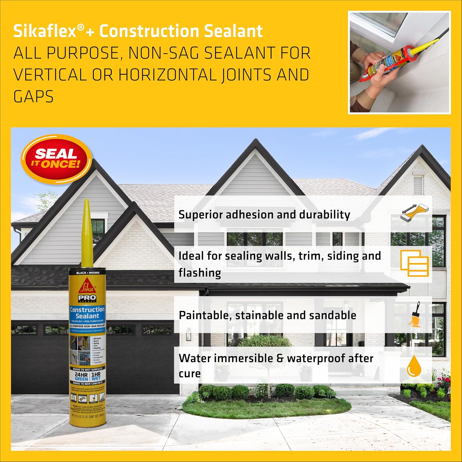 SIKA Sikaflex Construction Sealant - White, All-Purpose Polyurethane for Joints 1/2" or Smaller - 10.1 fl. oz - Weatherproof, High Elasticity, Paintable, Strong Adhesion