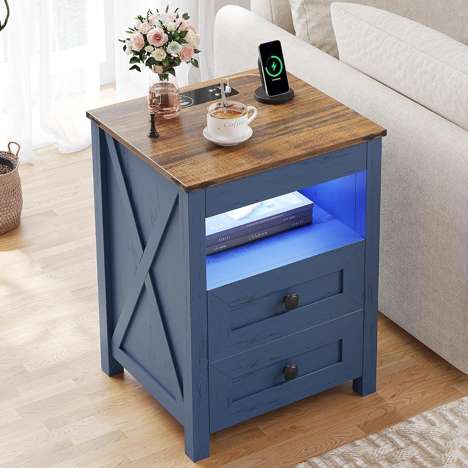 Farmhouse LED Nightstand with Gun Drawer&Invisible Lock,Modern Bedside Table with Human Sensor Design,Rustic Side Table with Wireless Charging for Living Room, Dark Oak