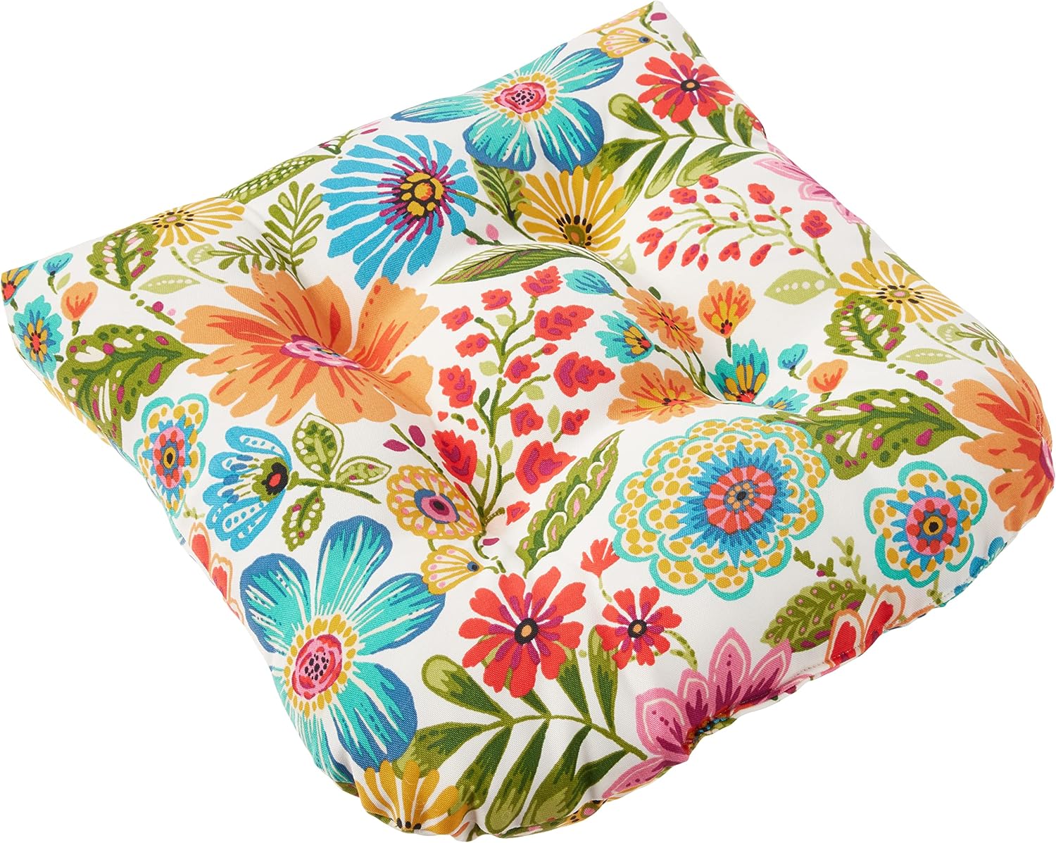 Pillow Perfect Bright Floral Indoor/Outdoor Tufted Wicker Seat Cushion, 2 Count, 19" x 19", Blue/Tan Telfair Peacock