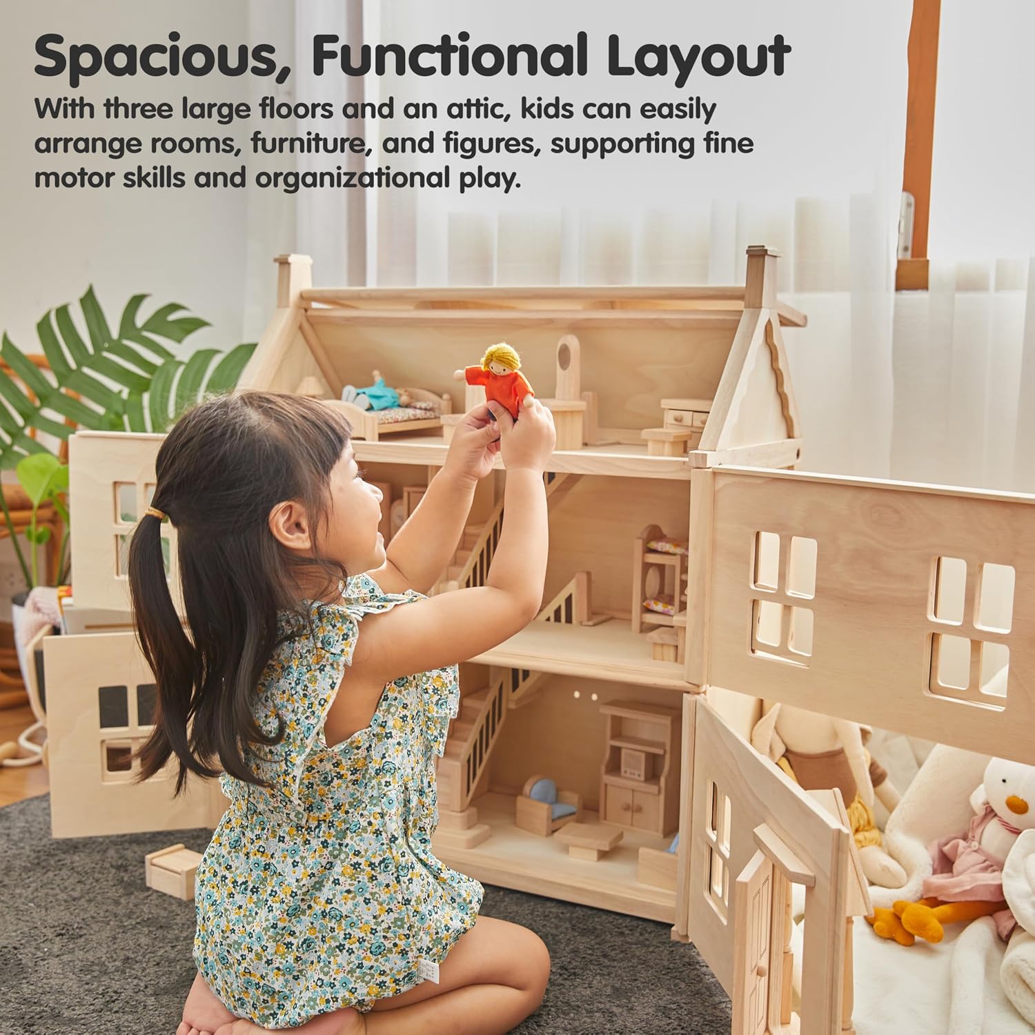 PlanToys® Green Wooden Dollhouse with Solar Panel, Wind Turbine & Furniture | recycling system, eco-friendly doll house, sustainable pretend play, kids, girls, environmental learning gift for boys