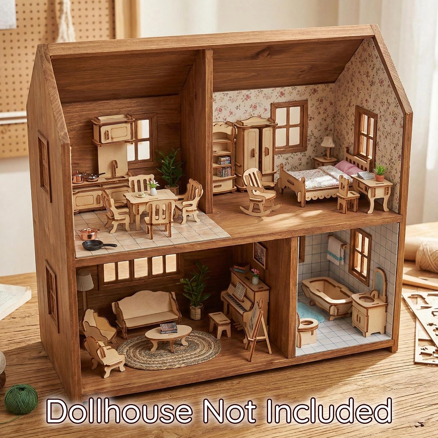 Dollhouse Furniture Set, 34 Wooden Miniatures and Accessories, 1:24 | Laser-cut DIY 3D puzzles, living, dining, kitchen, bath and bedroom pieces