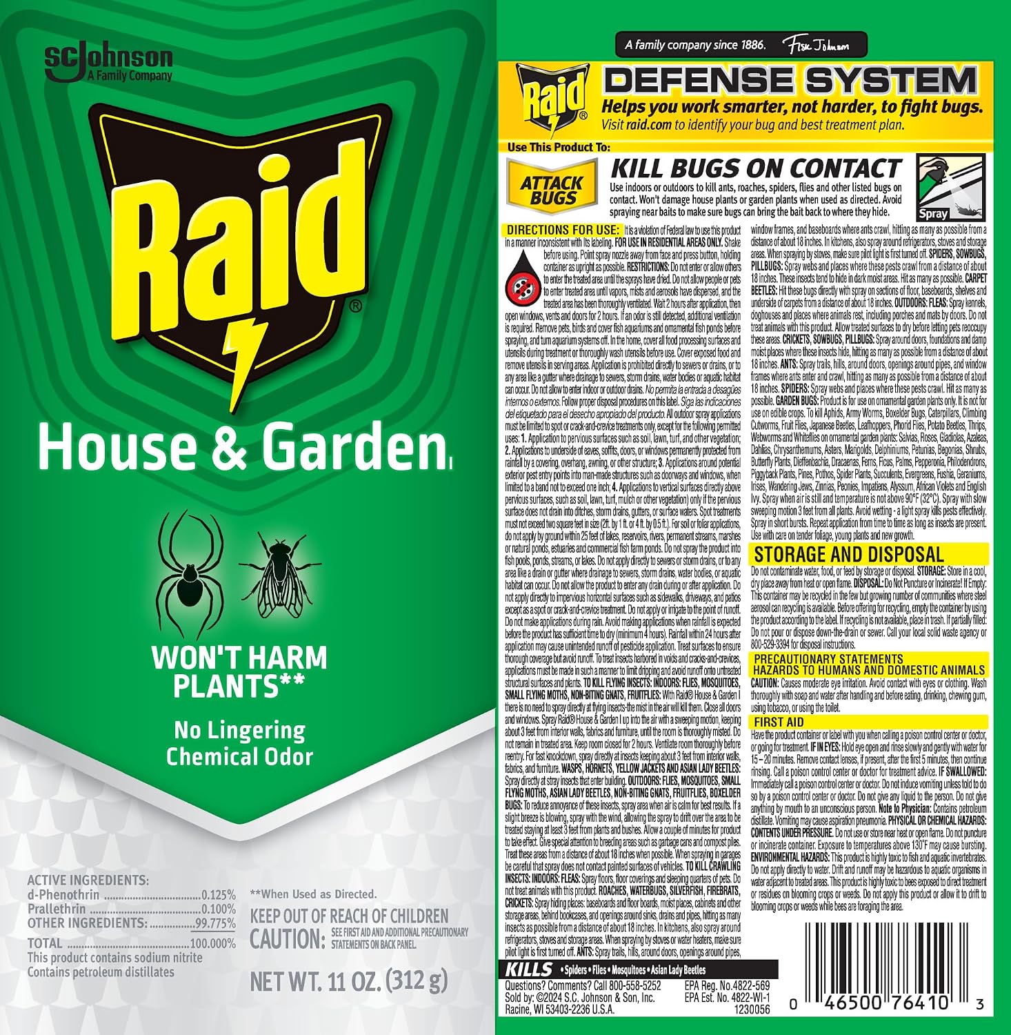 Raid House and Garden Insect Killer Spray, for Indoor and Outdoor Use, Won't Harm Plants, Insect Spray, Orange Breeze Scent, 11 oz