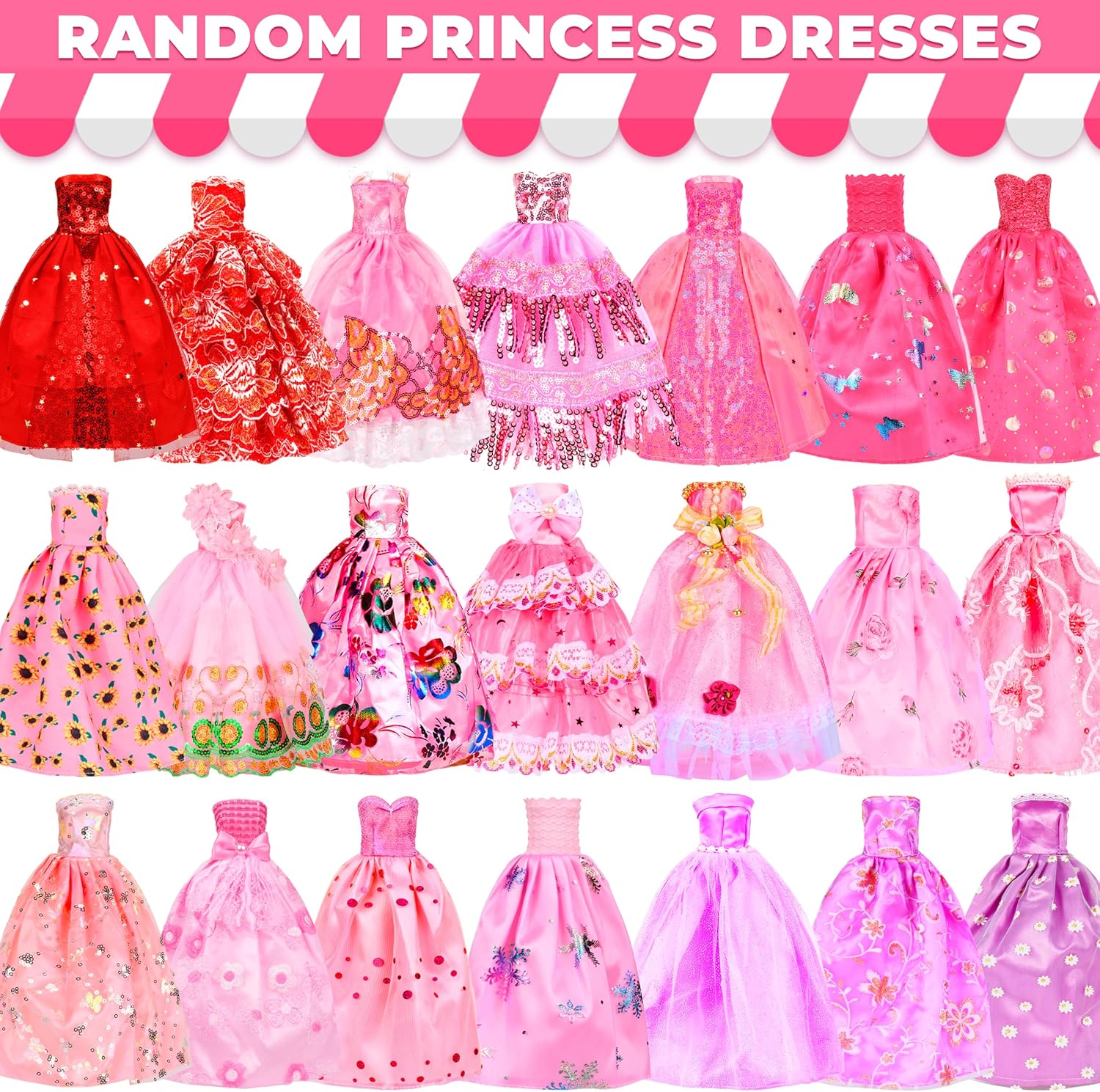 195 Pcs Doll Clothes and Accessories Kit, Include Princess Gowns, Fashion Skirt, Slip Dresses, Tops, Pants, Bikini Swimsuits, Shoes, Crowns