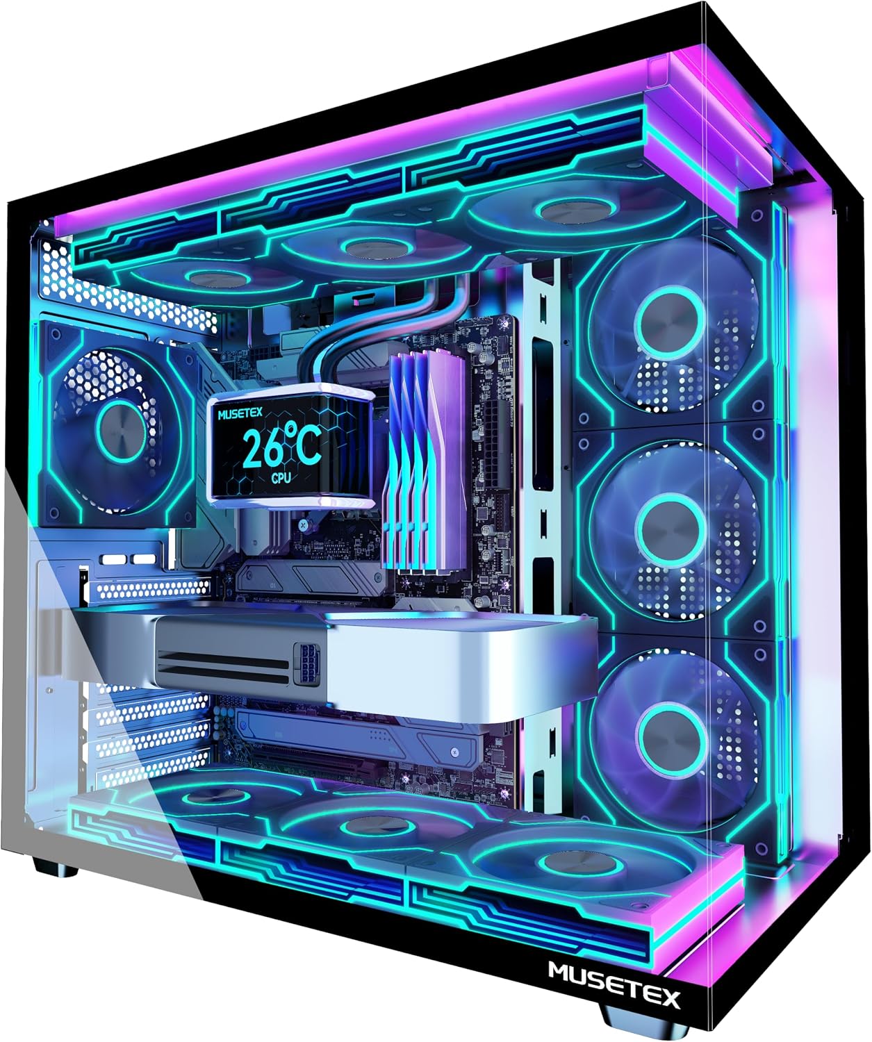MUSETEX Y6 PC Case, Pre-Installed 7 Infinity Mirror PWM ARGB Fans, ATX Mid Tower Computer Case, Gaming PC Case with Type-C, 270° Full View Tempered Glass, Black