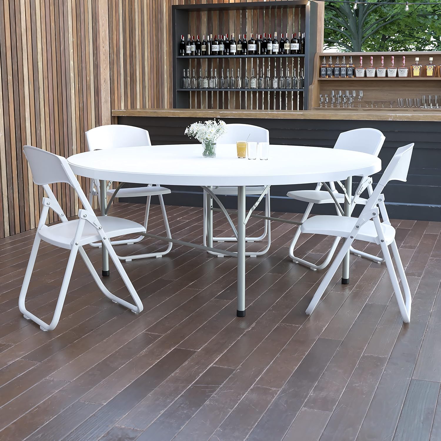 Flash Furniture 5-Foot Round Bi-Fold White Plastic Folding Table | Lightweight, Easy Storage, Commercial Grade, Carrying Handle