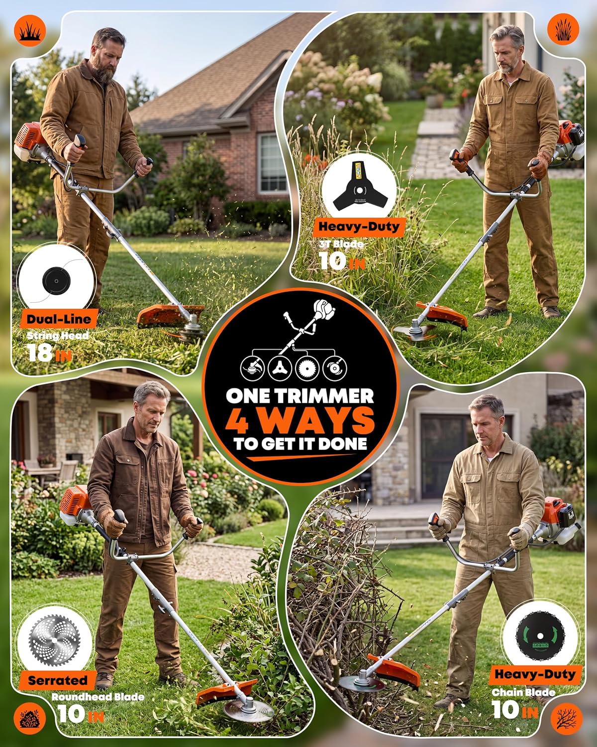 52cc 4-in-1 Gas Weed Eater and Brush Cutter - Straight Shaft Commercial Weed Wacker with Metal Blade - Heavy Duty 2-Cycle Multi-Tool System for Tall