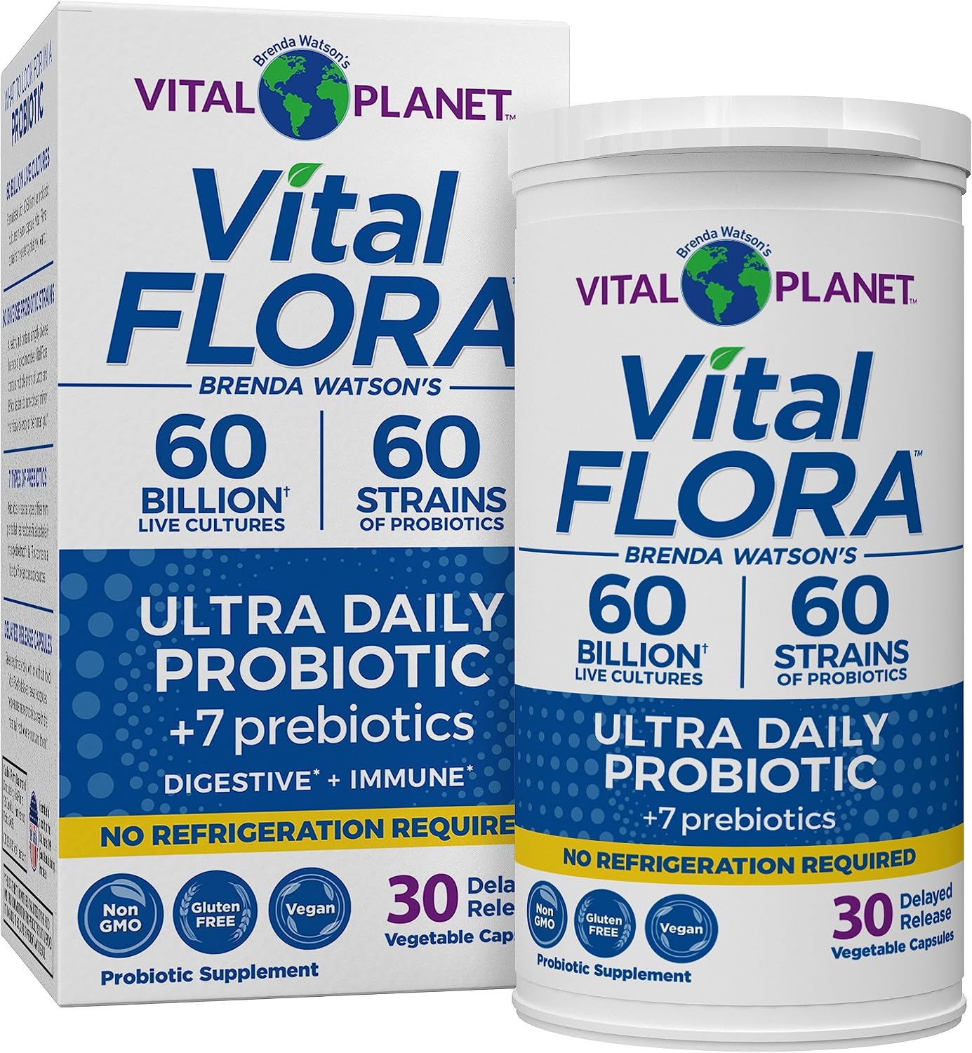 Vital Planet - Vital Flora Ultra Daily Probiotic 60 Billion CFU, 60 Diverse Strains, 7 Organic Prebiotics, Immune Support