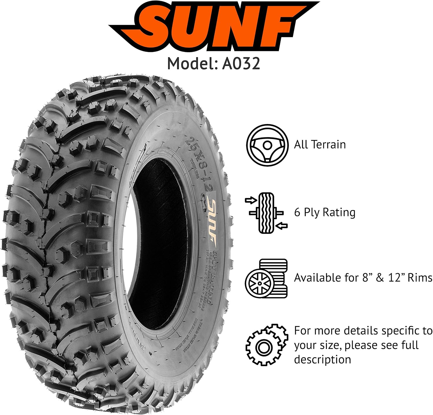 SunF ATV Tires 25x8-12 25x10-12 Knobby 6 PR A032 - BUNDLE