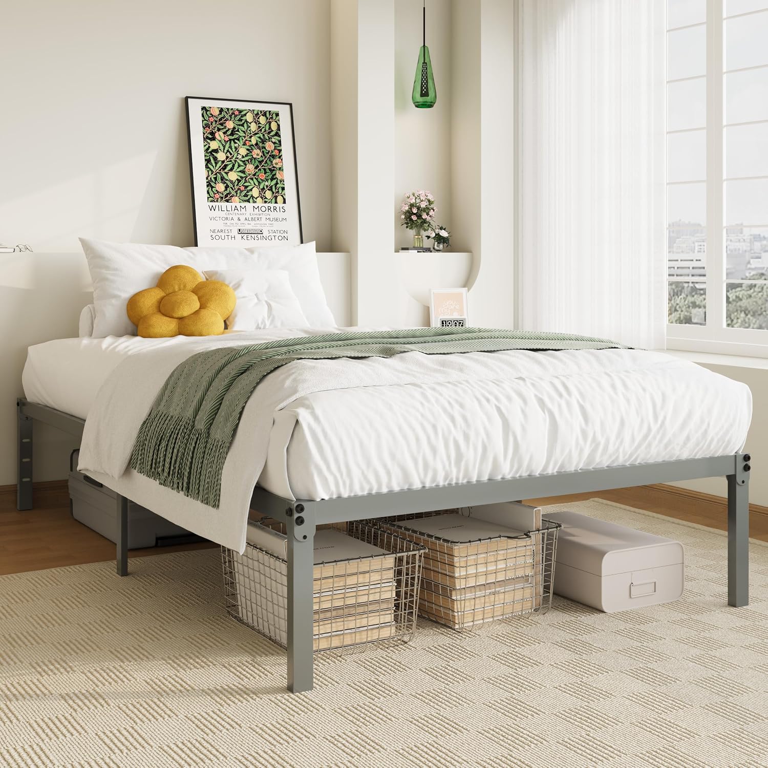 Allewie Full Size Bed Frame, 14 inch Metal Platform Beds with Storage Space, No Box Spring Needed and Easy Assembly, White
