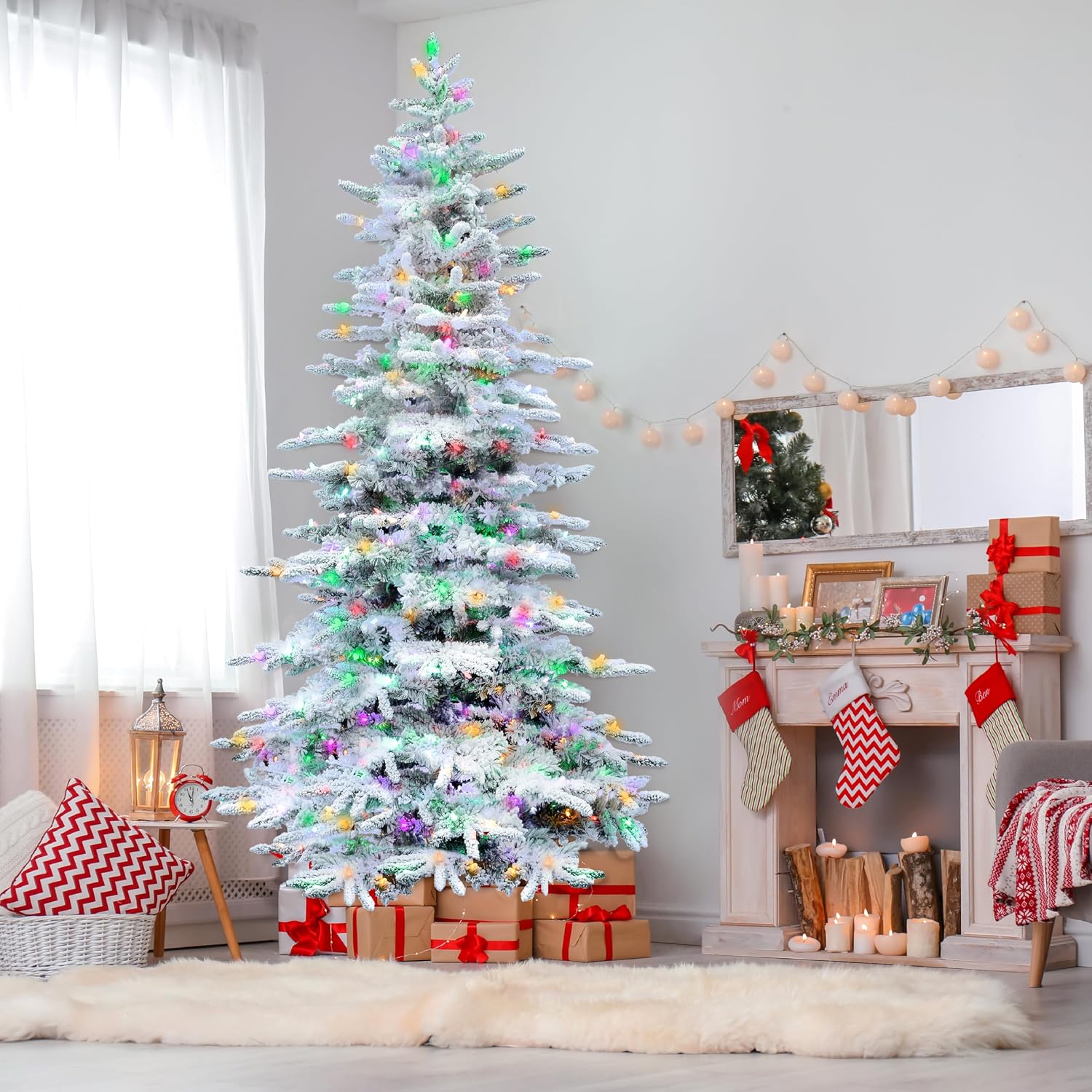 Fraser Hill Farm 7.5-Ft. Mountain Pine Flocked Artificial Christmas Tree with Stand, Unlit Foldable Fake Tree with Realistic Snowy Foliage for Home Decoration