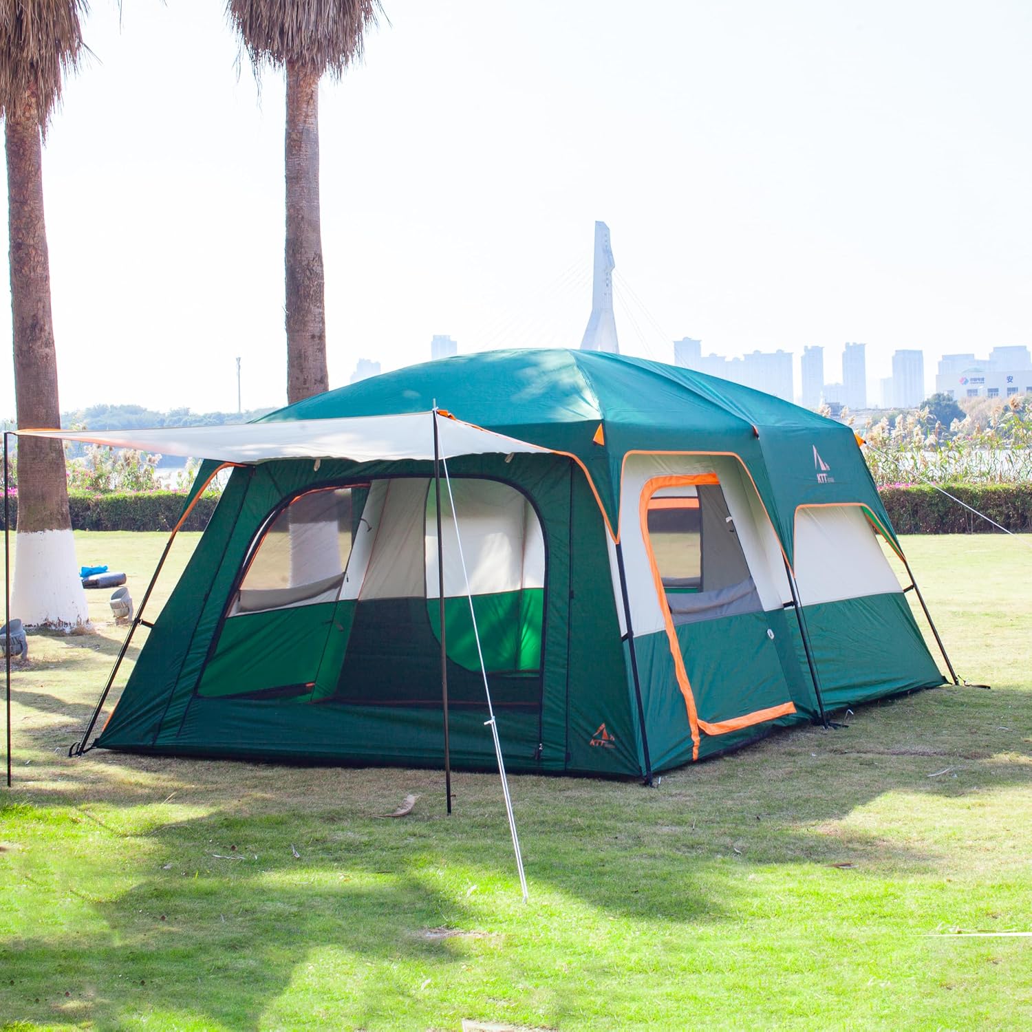KTT Extra Large Tent 12-14 Person, Family Cabin Tents, 2 Rooms, Straight Wall, 2 Doors 4 Windows with Mesh, Waterproof, Double Layer