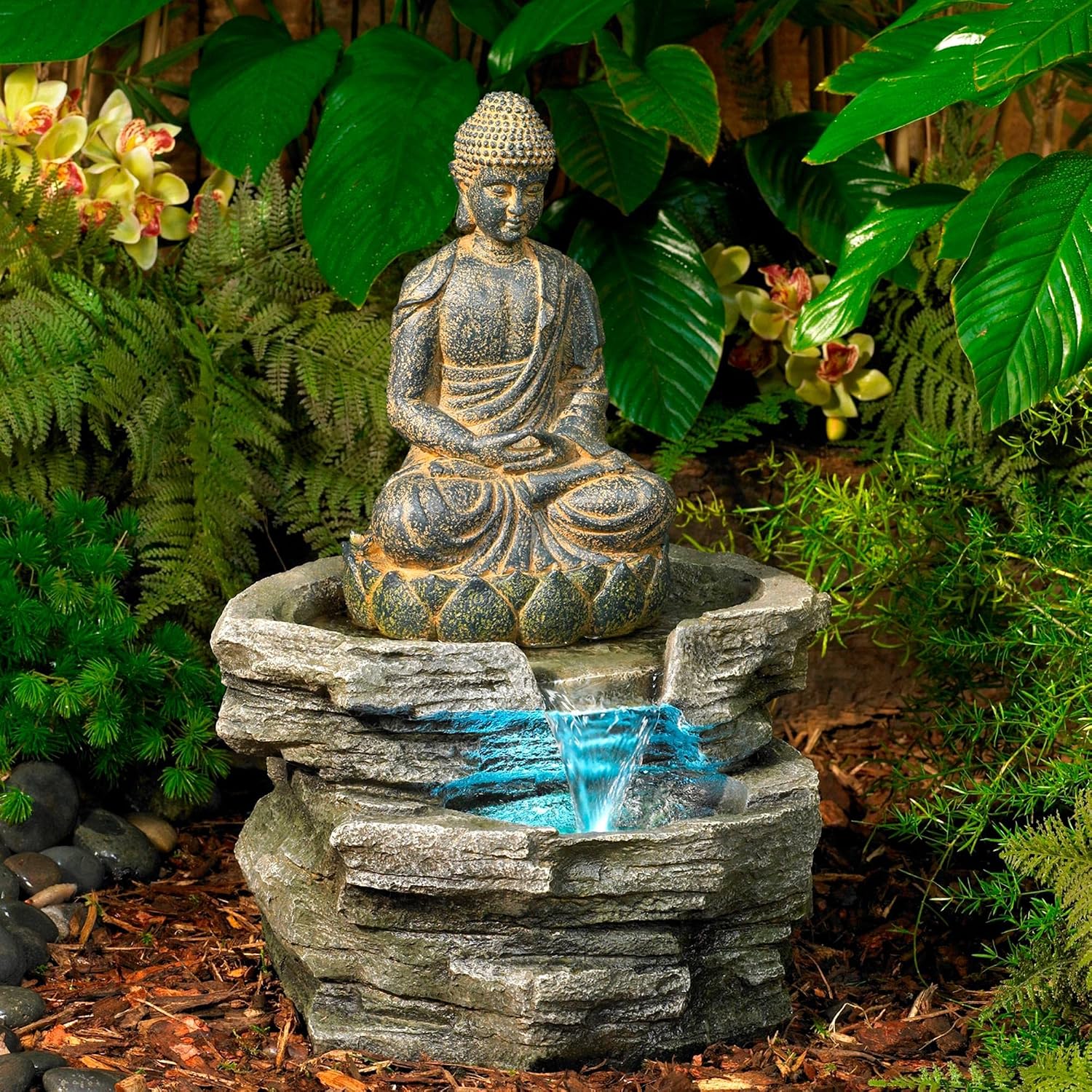 Meditating Buddha 24" High Outdoor Indoor Large Bubbler Fountain with Light | Zen Asian Decor Resin Floor LED Standing Water Feature for Outside Garden Patio Yard Backyard Porch Deck