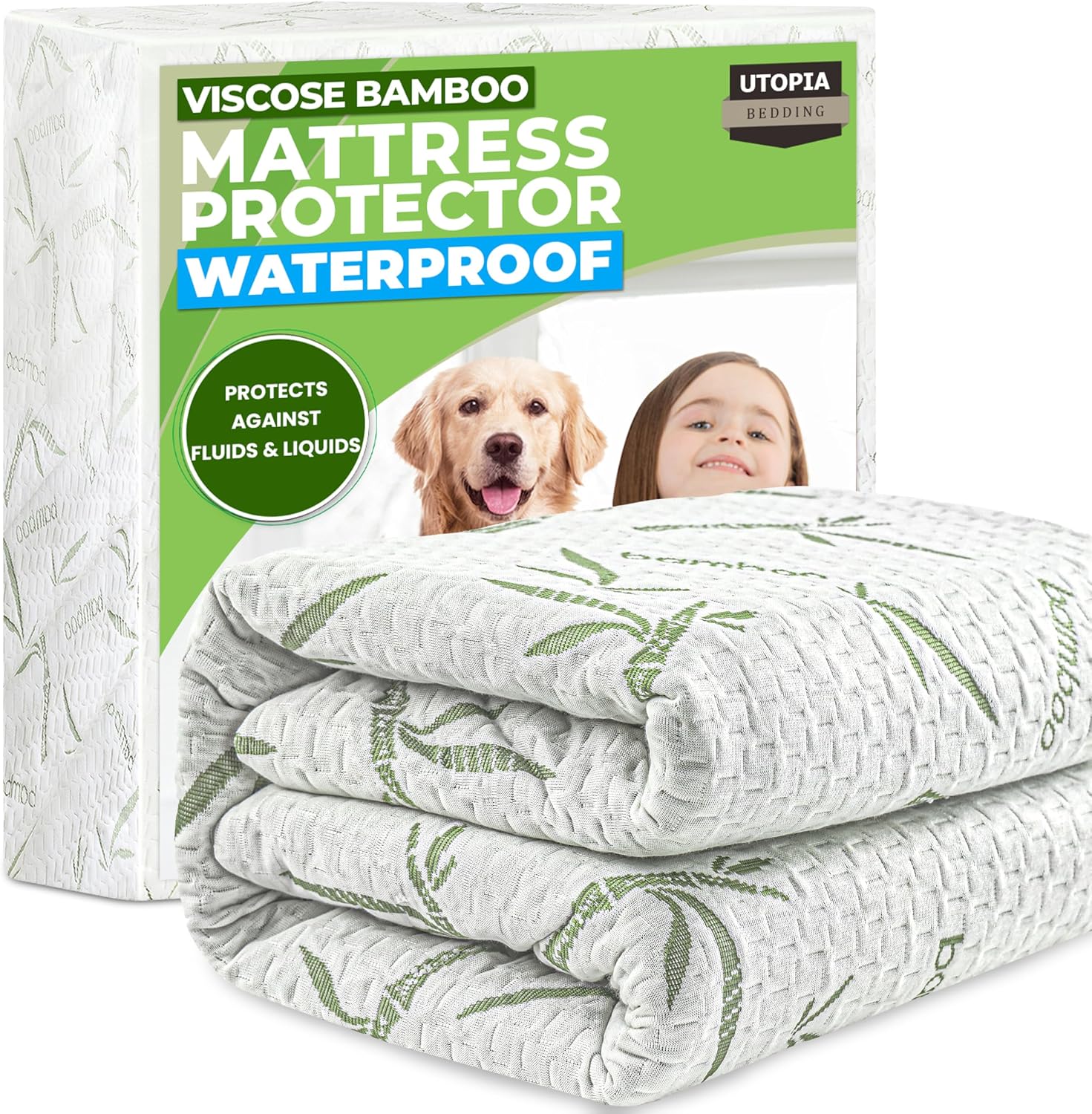 Bamboo Viscose Waterproof Mattress Protector Queen Size, fits 17" deep | Utopia Bedding Cooling Mattress Cover, Soft Breathable Mattress Pad, Noiseless, Fitted Style, Stretchable Pockets, Washable