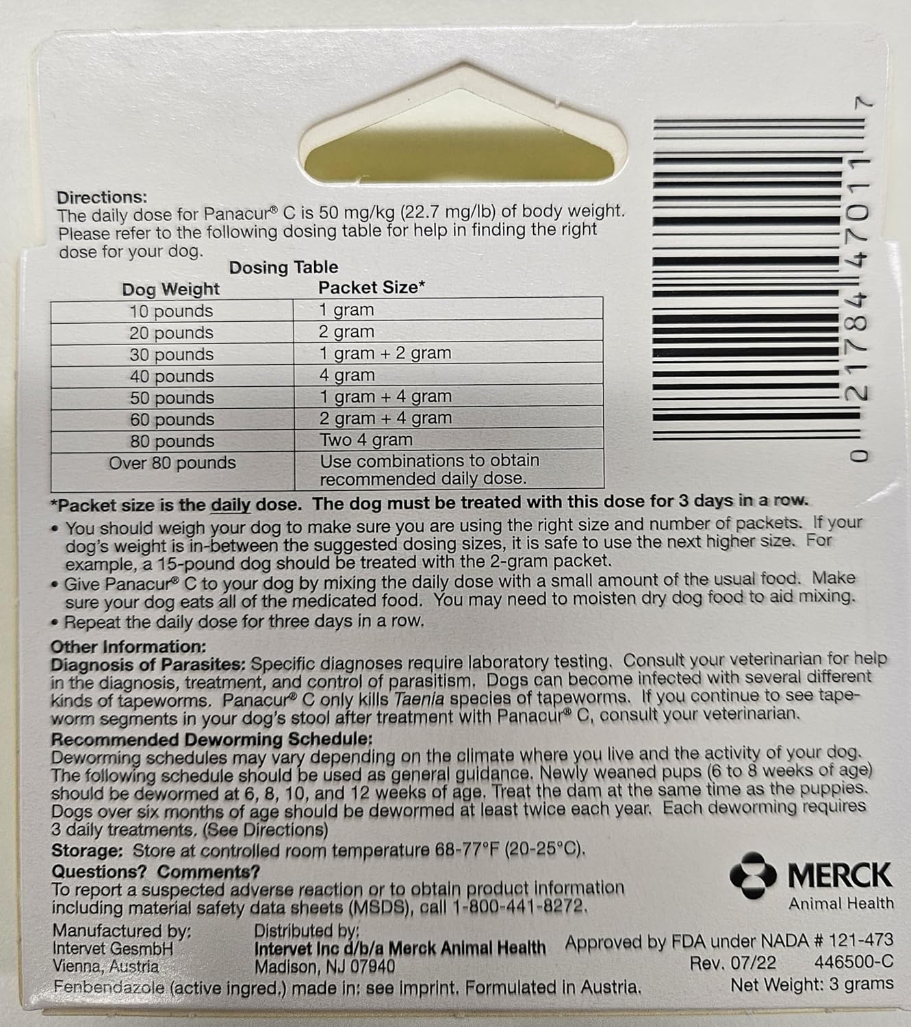Panacur C Canine Dewormer (Fenbendazole), 1 Gram, Yellow, 3 Count (Pack of 1)
