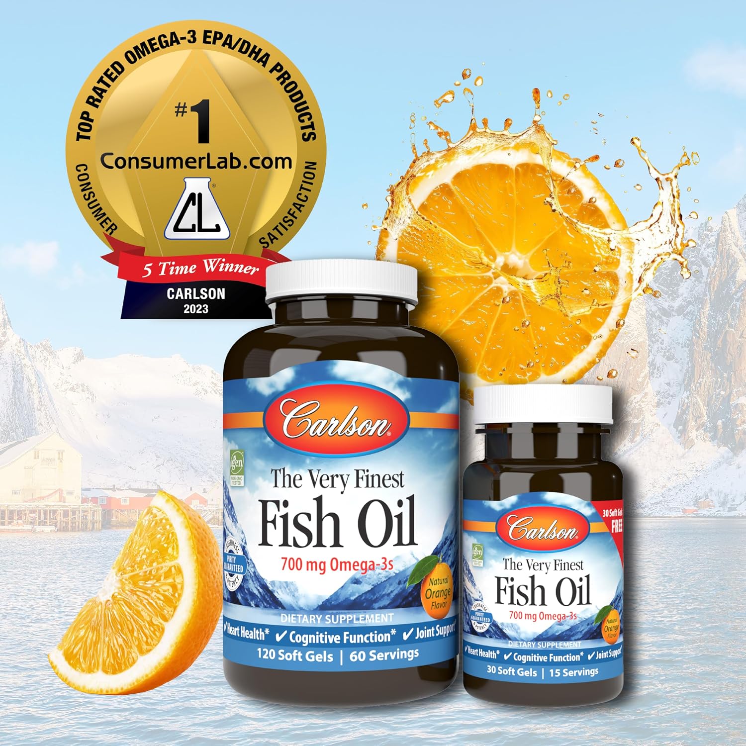 Carlson Maximum Omega 2000, 2000 mg, Wild-Caught, Lemon, 60 Softgels | Omega-3 Fatty Acids Including EPA and DHA; Norwegian Fish Oil Supplement; Sustainably Sourced Fish Oil Capsules