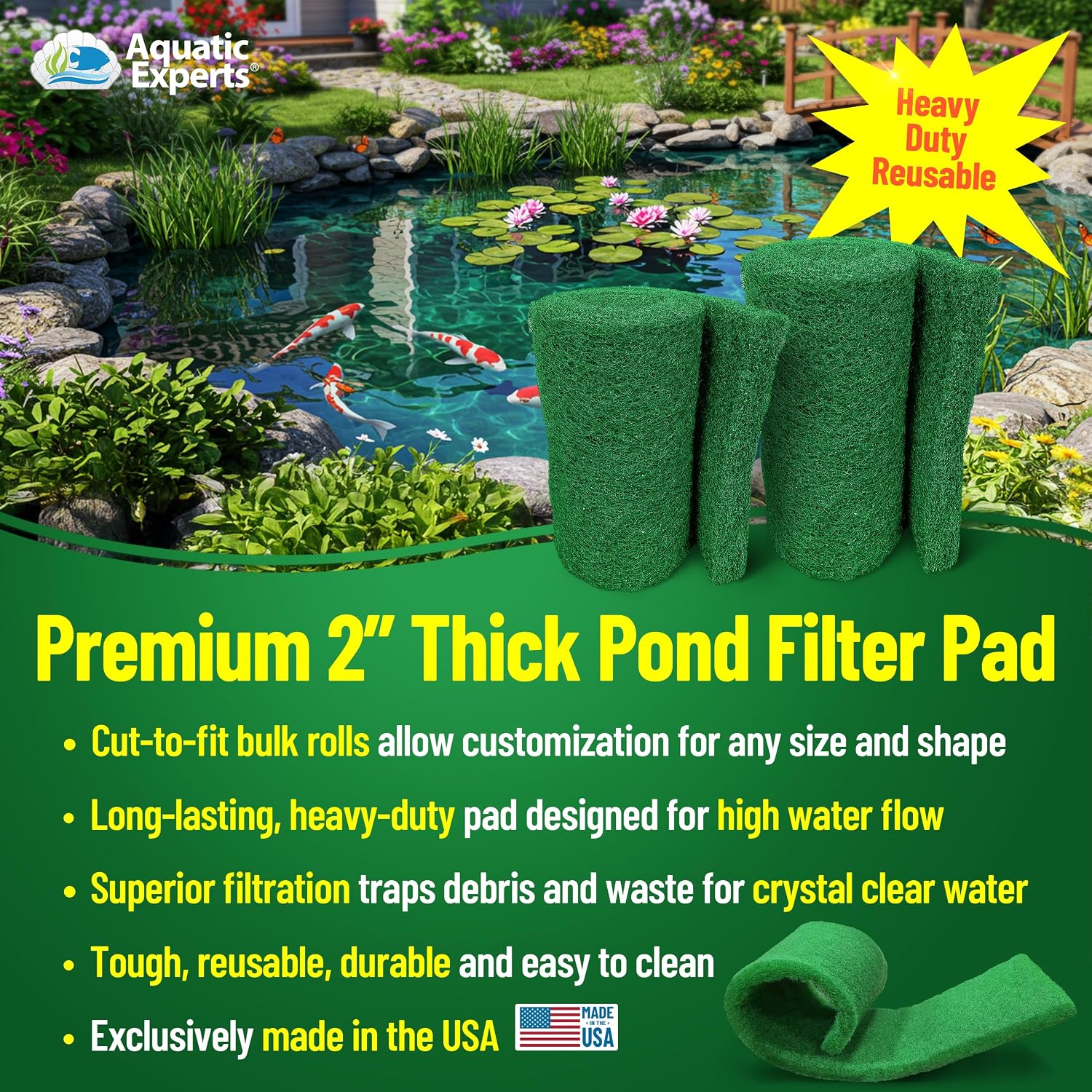 Aquatic Experts Cream COARSE Pond Filter Pad - 2 inch Thick - Bulk Roll Water Garden Filter Pond Media - Made in USA, (12" x 36")