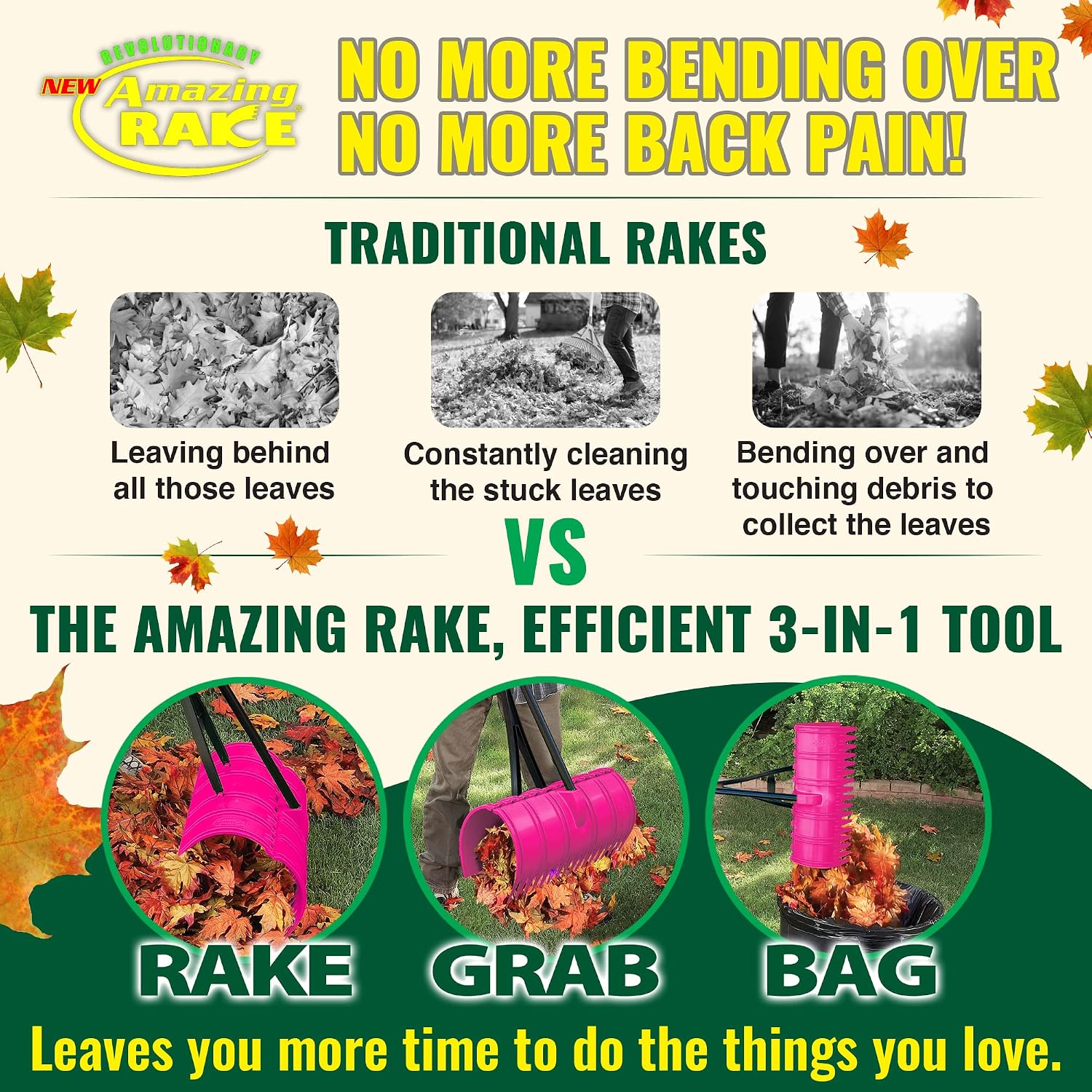 Back Saving Garden Rake ― Leaf Rakes for Gardening ― Leaf Picker Upper ― Heavy Duty Leaves Claw & Rakes Lawns Garden Tool ― Easy Leaf & Grass Grabber Without Bending Over ― Yellow