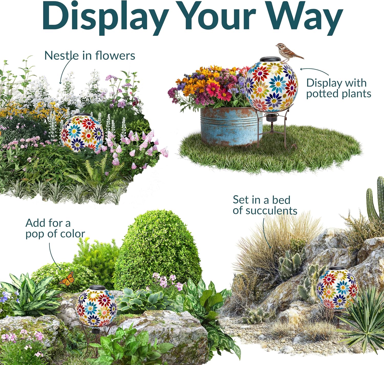 Sunnydaze Solar Gazing Ball for Garden, Mosaic Cool Blooms