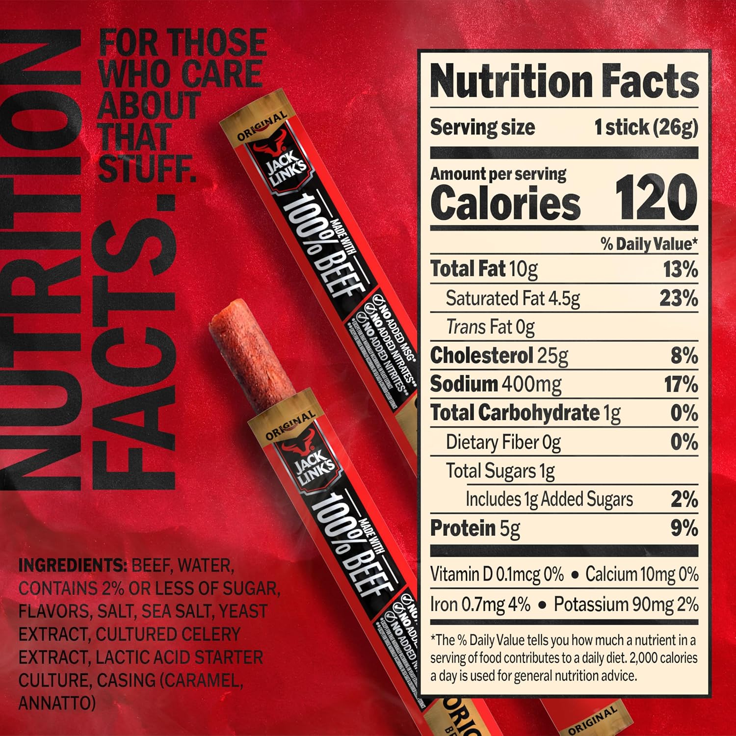 Jack Link's Original Beef Jerky Sticks - Made with 100% Real Beef - Ready to Eat Real Meat Protein Snacks - 6g Protein per Serving - 0.92 oz Meat Stick, 20 Count