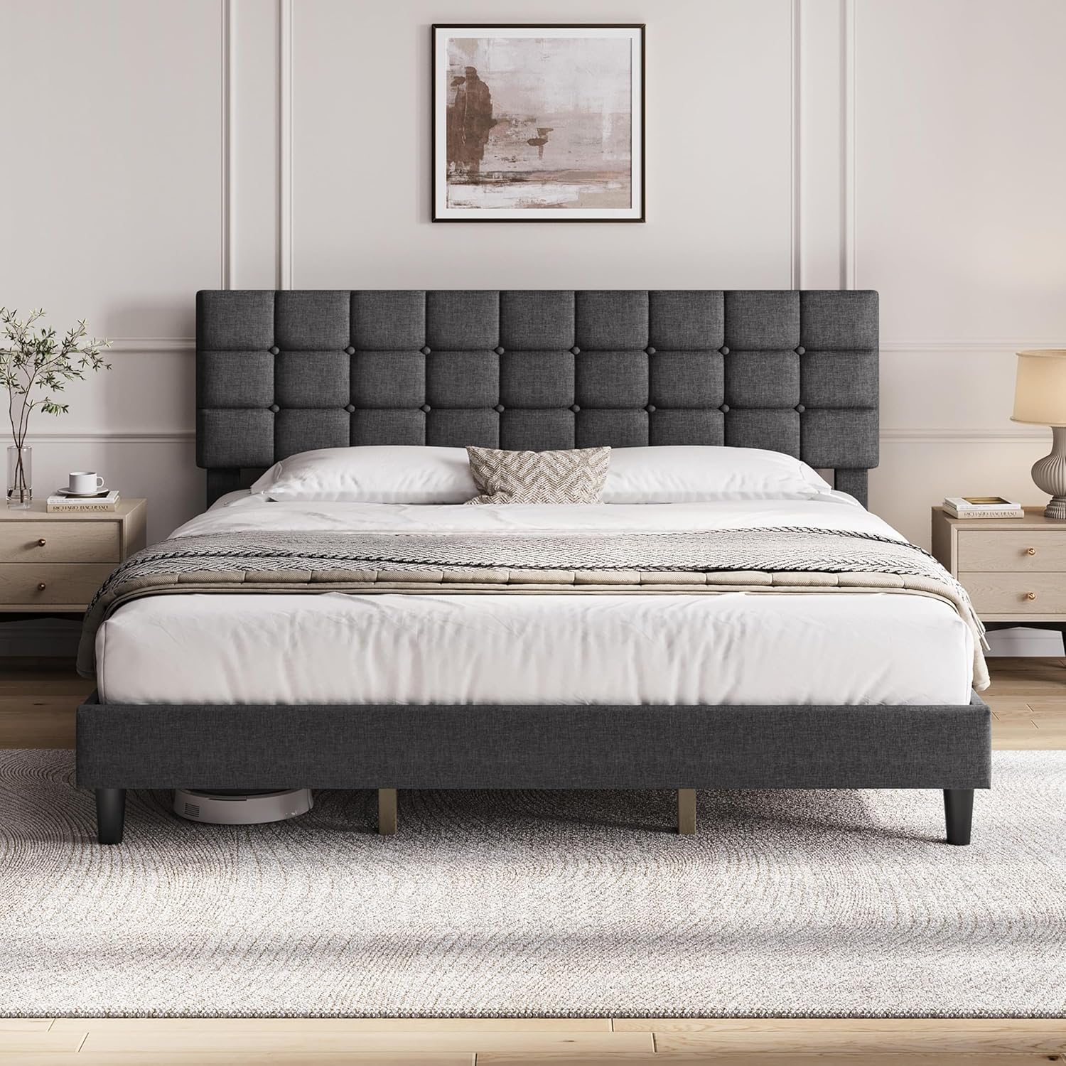 Yaheetech Full Size Upholstered Tufted Bed Frame with Headboard, Dark Gray | Sturdy engineered wood frame with linen fabric upholstery features a soft tufted headboard for easy assembly and support