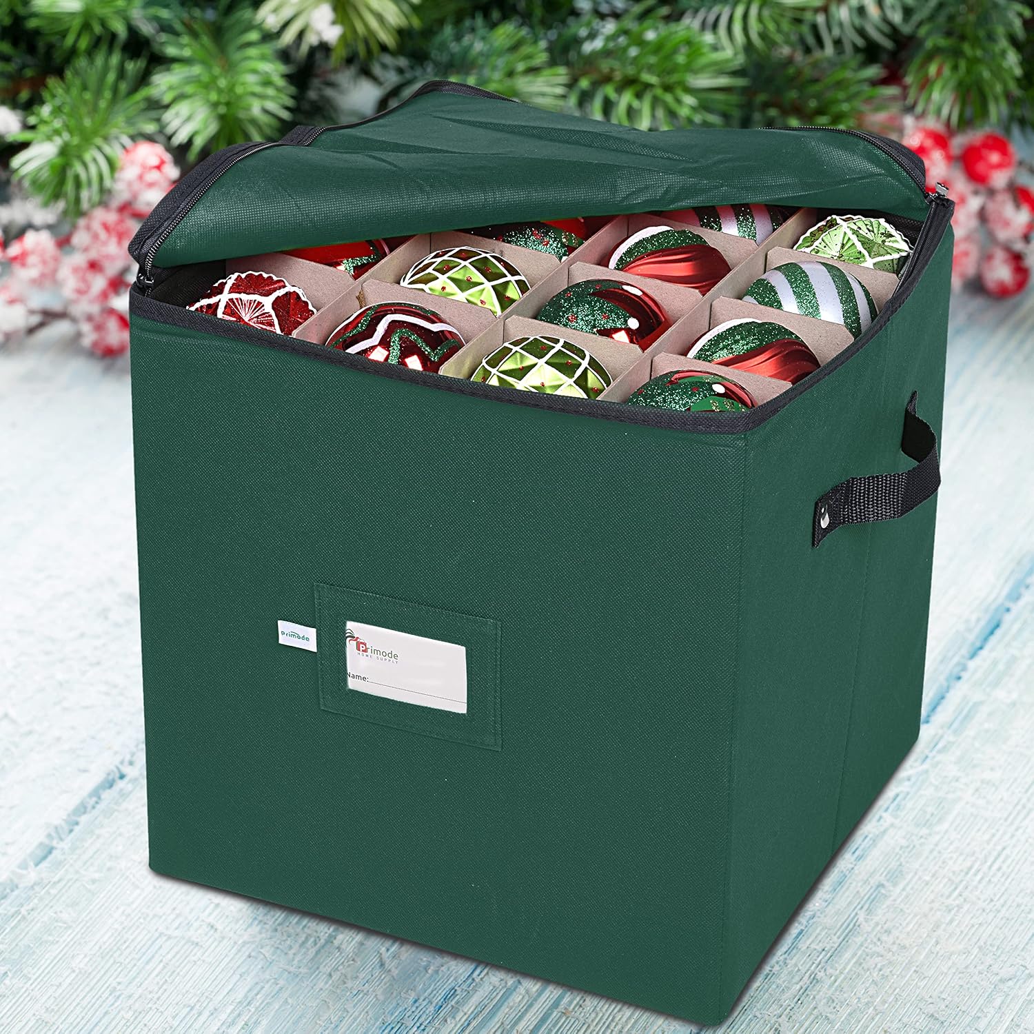 Christmas Ornament Storage Box, 4 Individual Trays Xmas Storage Container, Fits 64 Ornaments Decoration Balls, Constructed of Durable Polyester Material (Red)