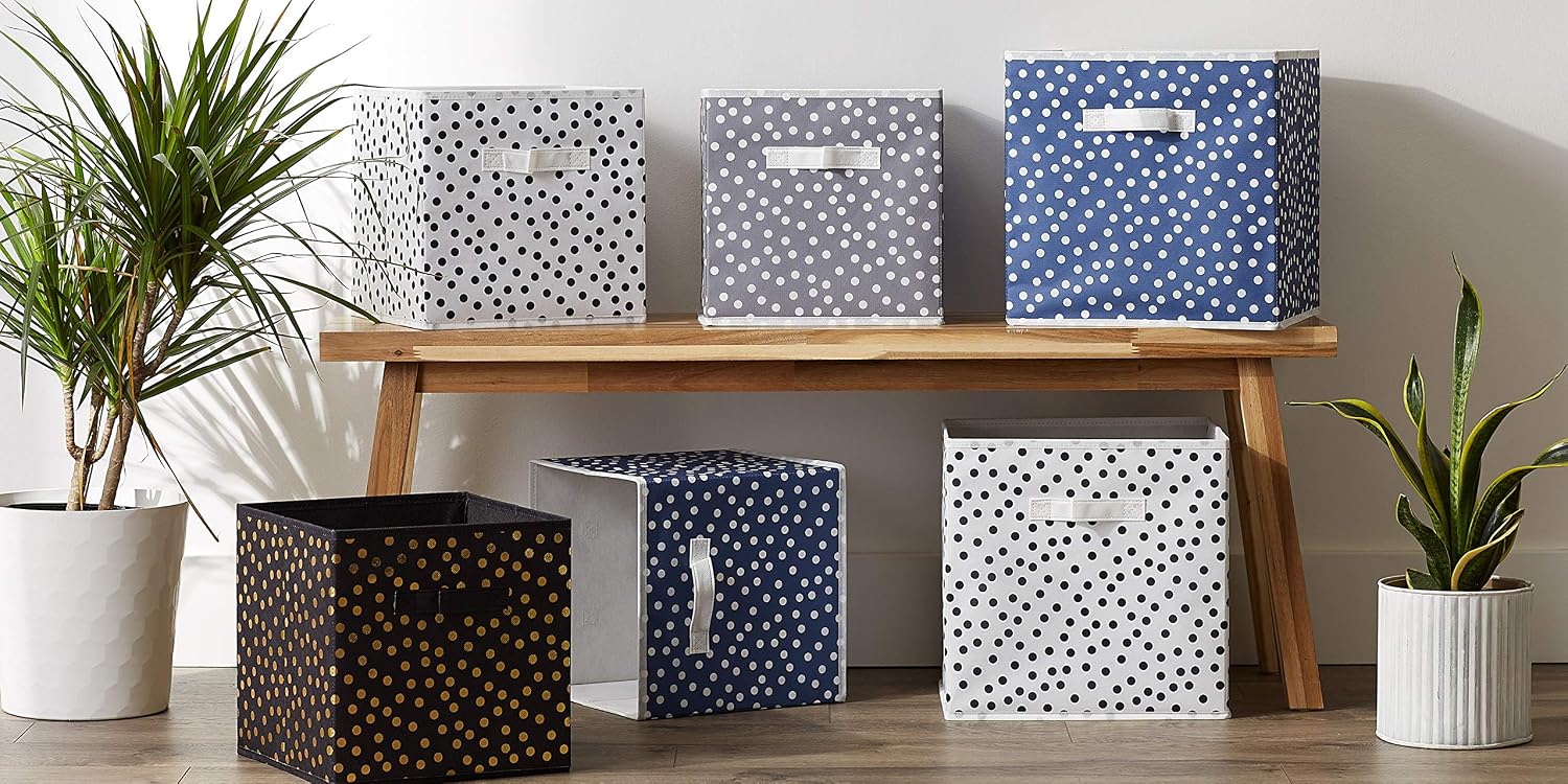 DII Woven Polyester Storage Bin, Polka Dot, White & Gold, Large Set of 2