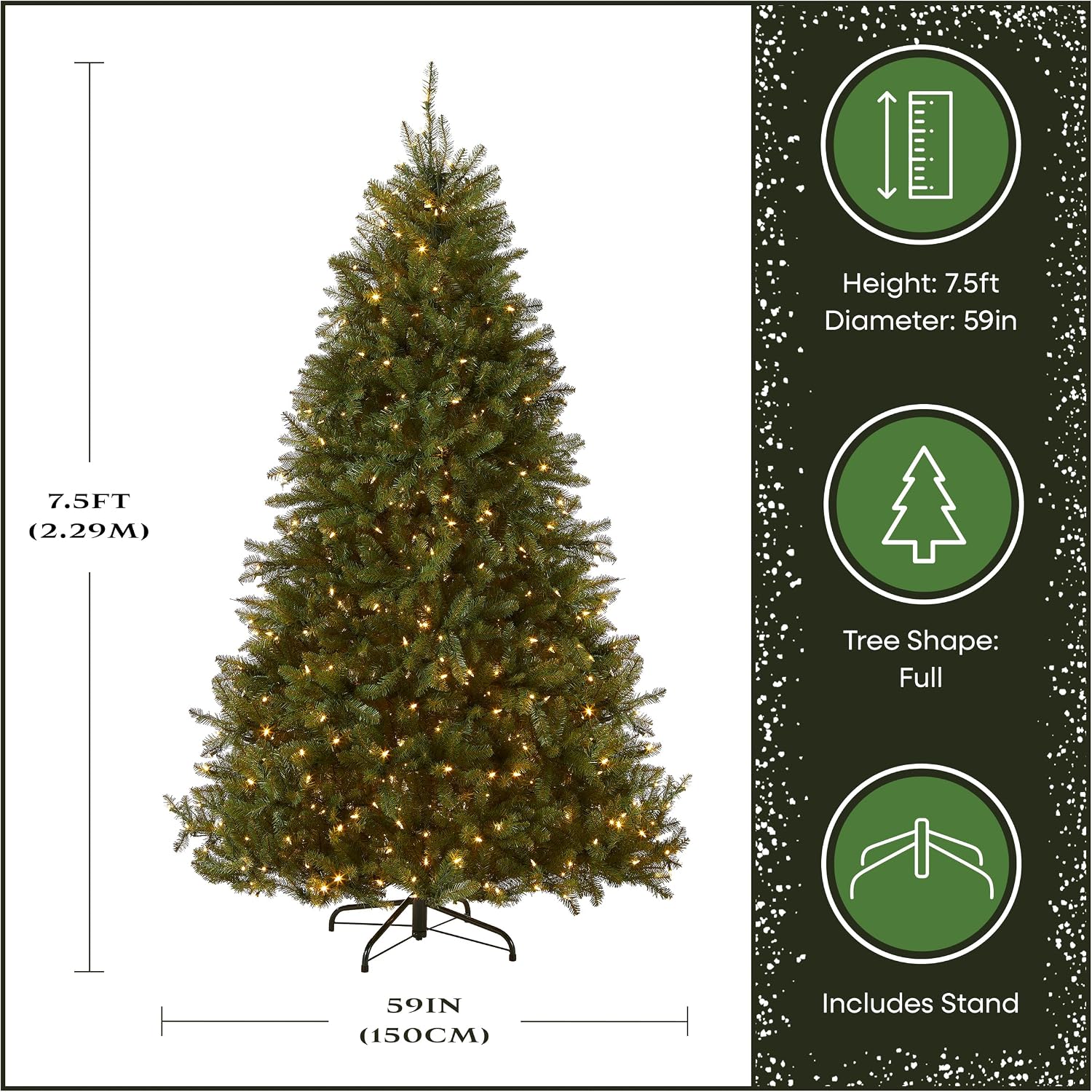 National Tree Company 7.5ft Pre-Lit Dunhill Fir Artificial Christmas Tree | 700 LED Lights, 10 Light Functions, 2,514 Tips, Foot Pedal, Includes Stand, Green