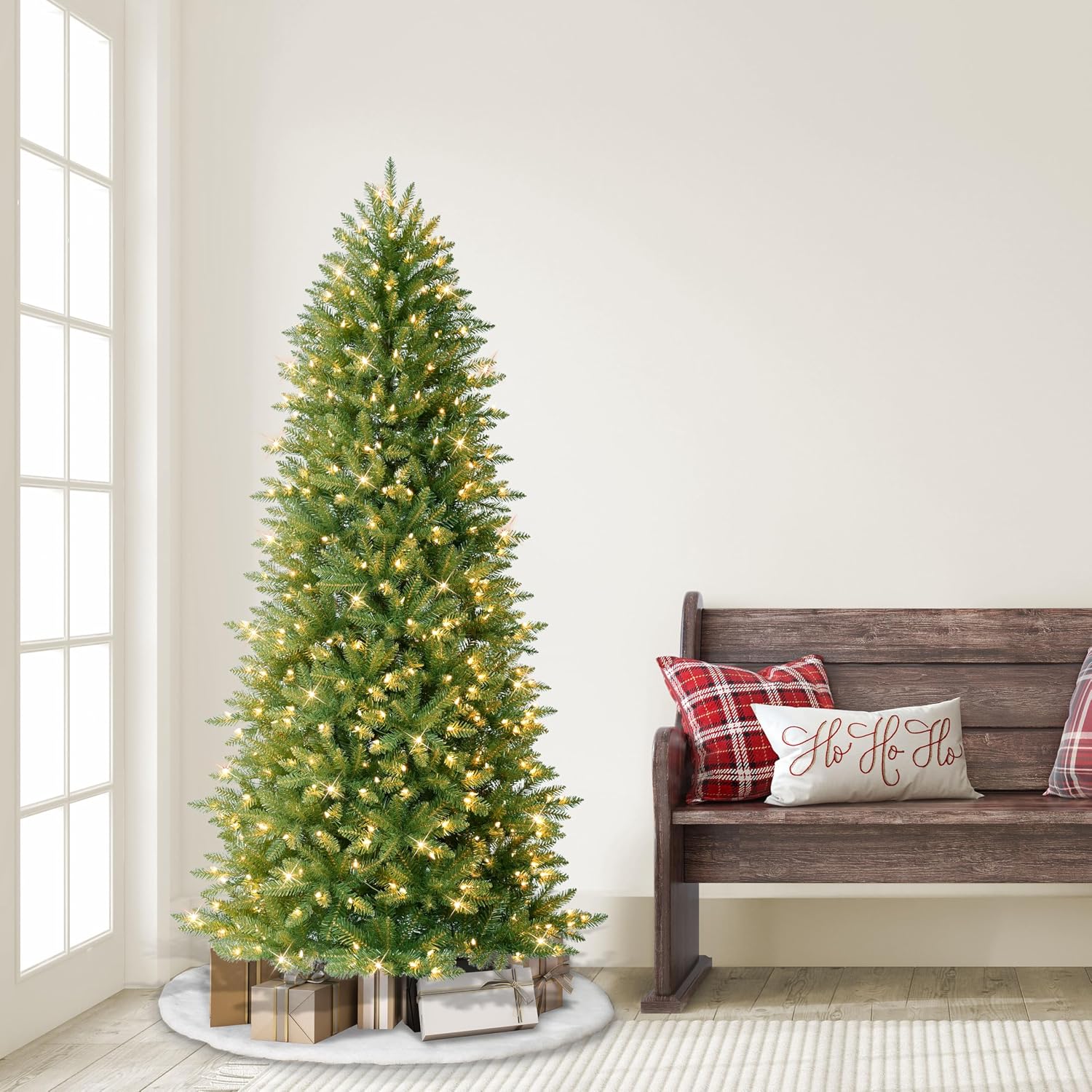 Puleo International 7.5ft Pre-Lit Slim Fraser Christmas Tree with 500 Warm White LED Lights, 1453 Realistic Dense Branch Tips, Easy Setup Artificial Trees with Sturdy Metal Stand
