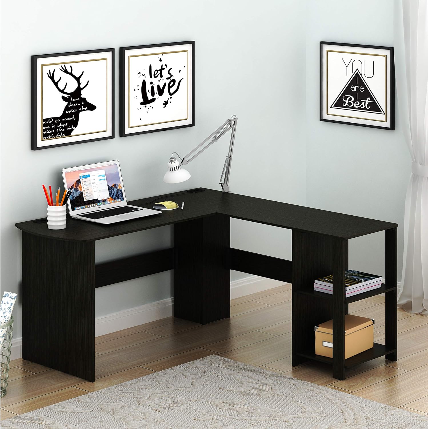 SHW 51 x 51 L-Shaped Home Office Wood Corner Desk with Storage, Espresso | Integrated Book Shelves